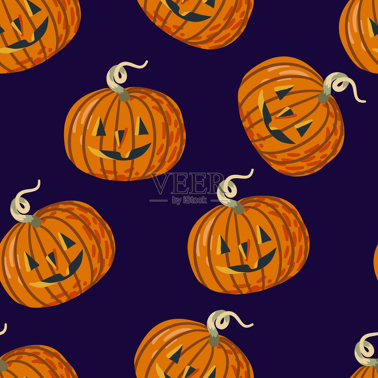 无缝图案与万圣节南瓜上的紫色插画图片素材