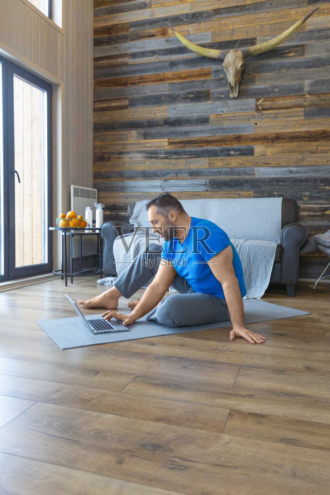 男人在网上找锻炼习惯。家在线训练。垂直图照片摄影图片