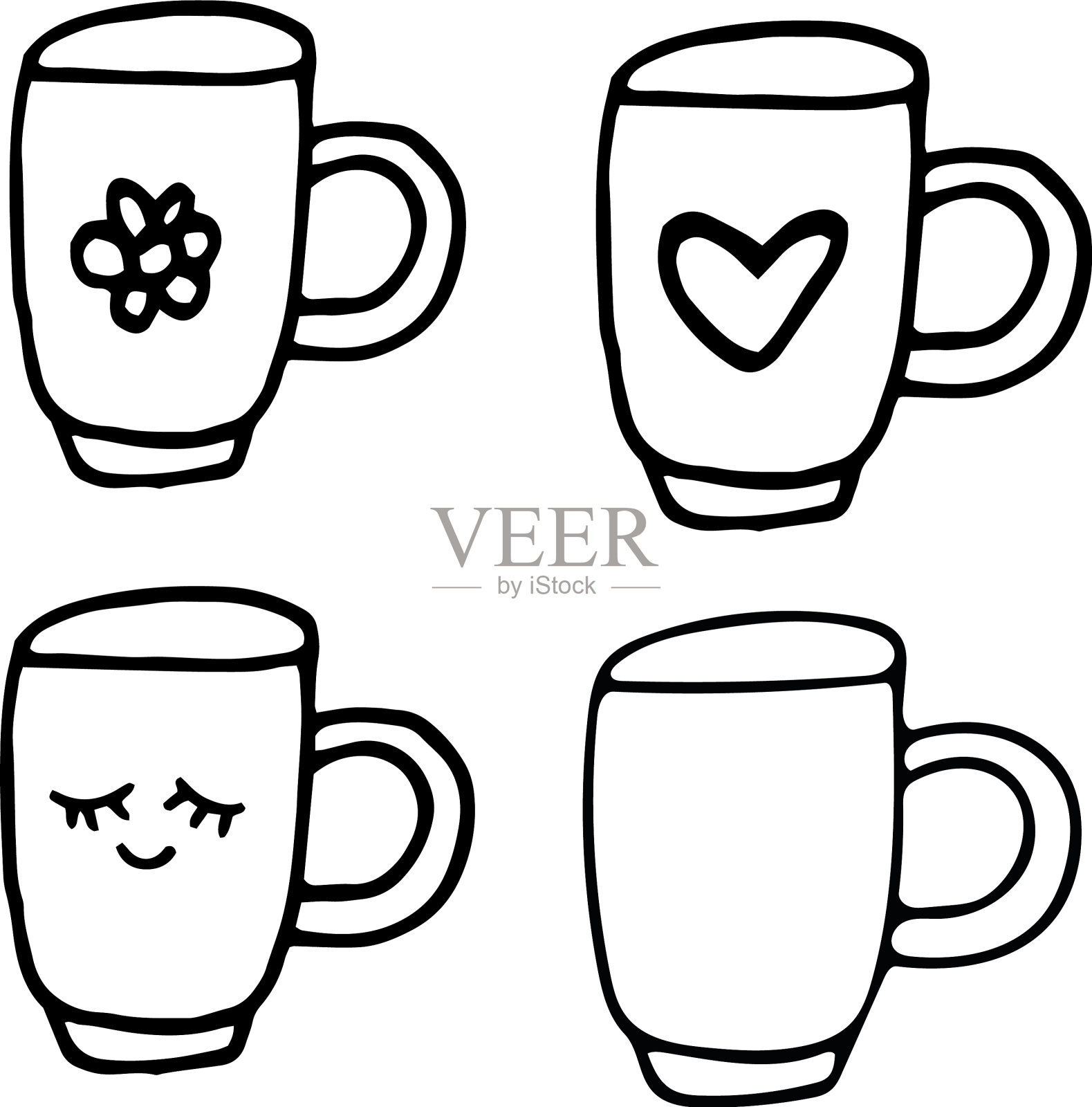 可爱的杯子与眼睛手绘在涂鸦风格集图标素材