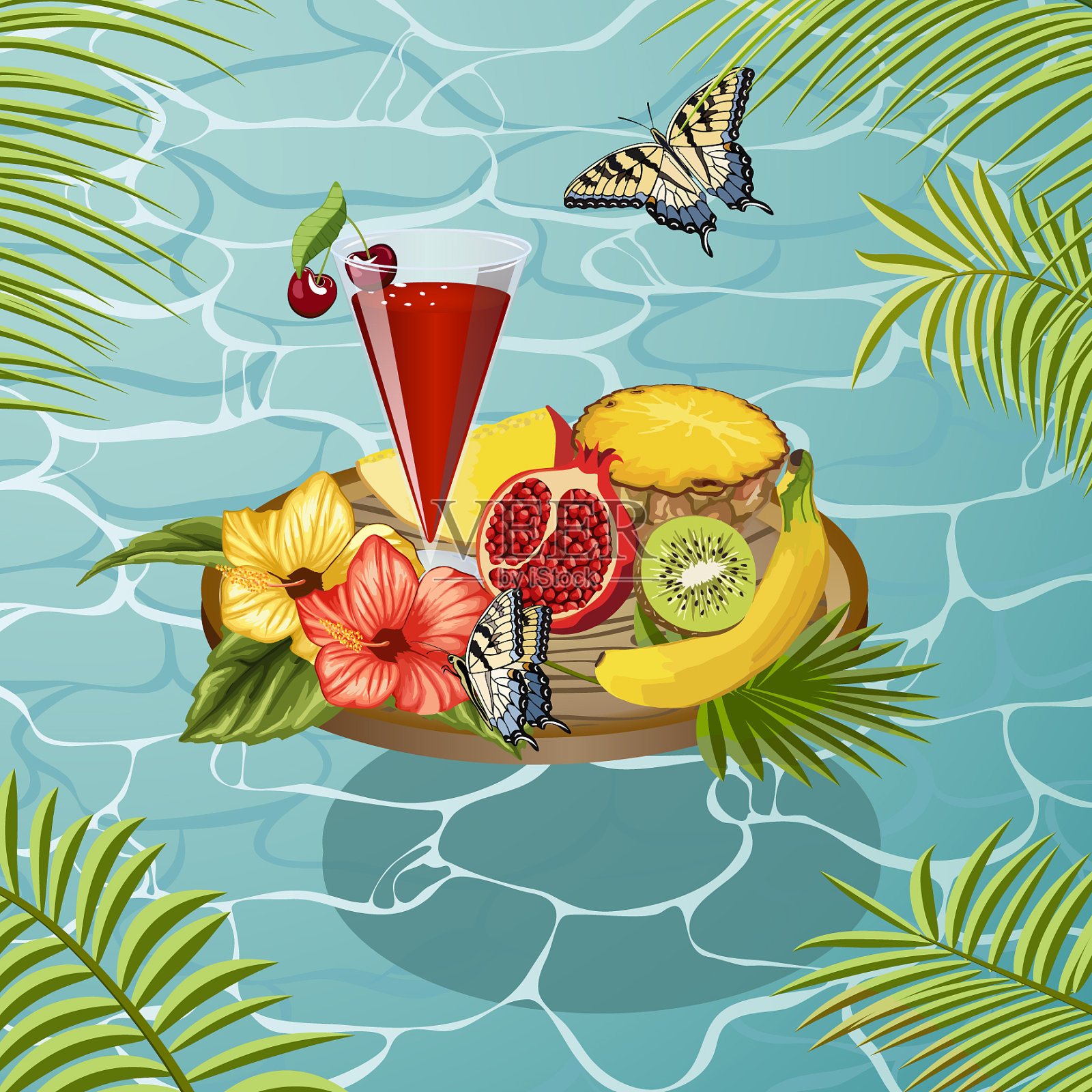 配上水果和鸡尾酒插画图片素材