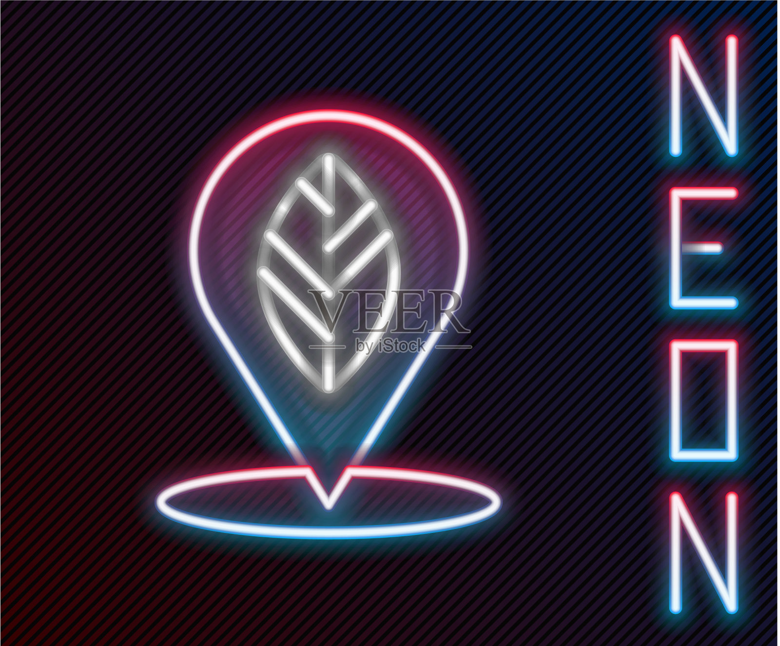 发光的霓虹灯线定位销与内部的叶子插画图片素材