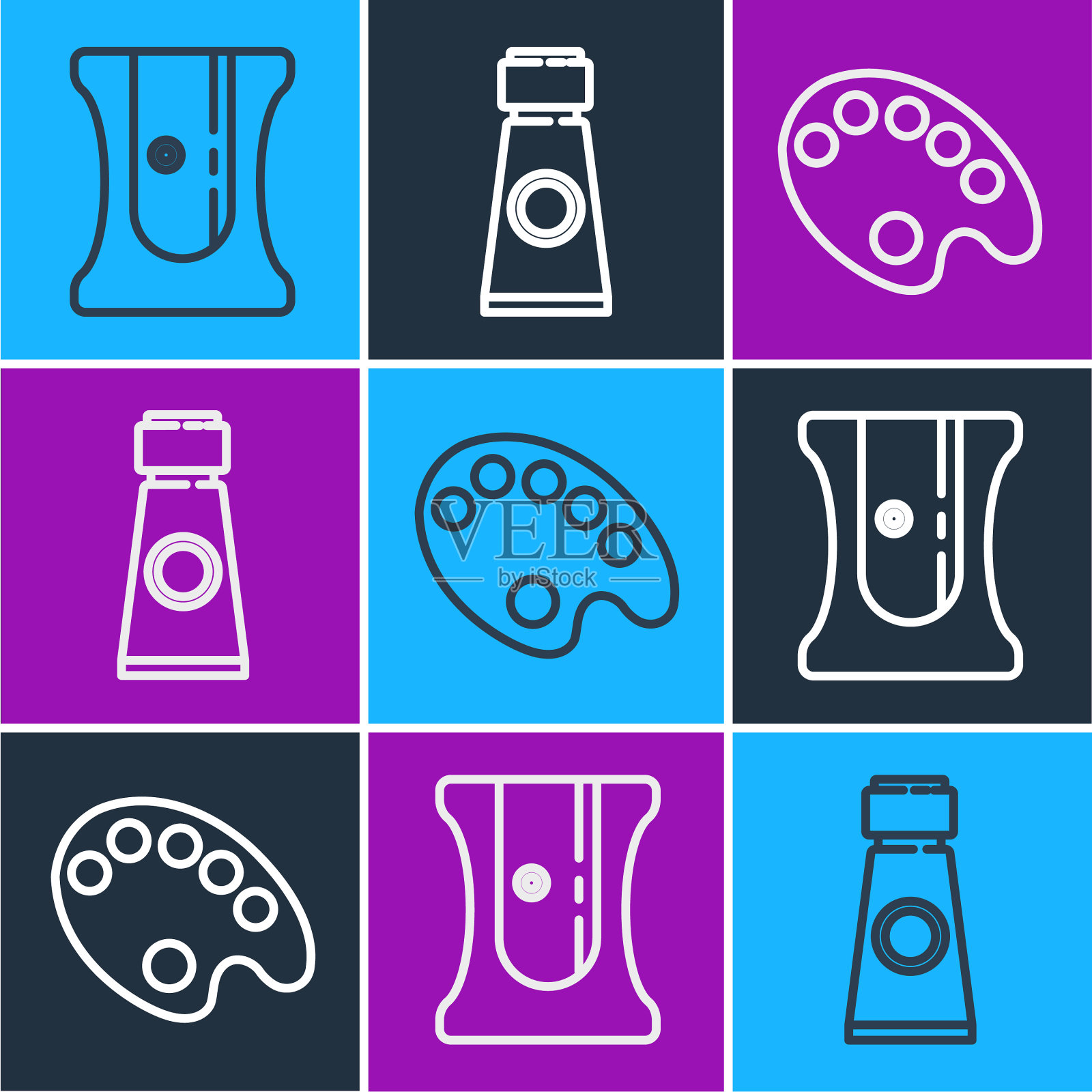 设置线条、卷笔刀、调色板和管插画图片素材