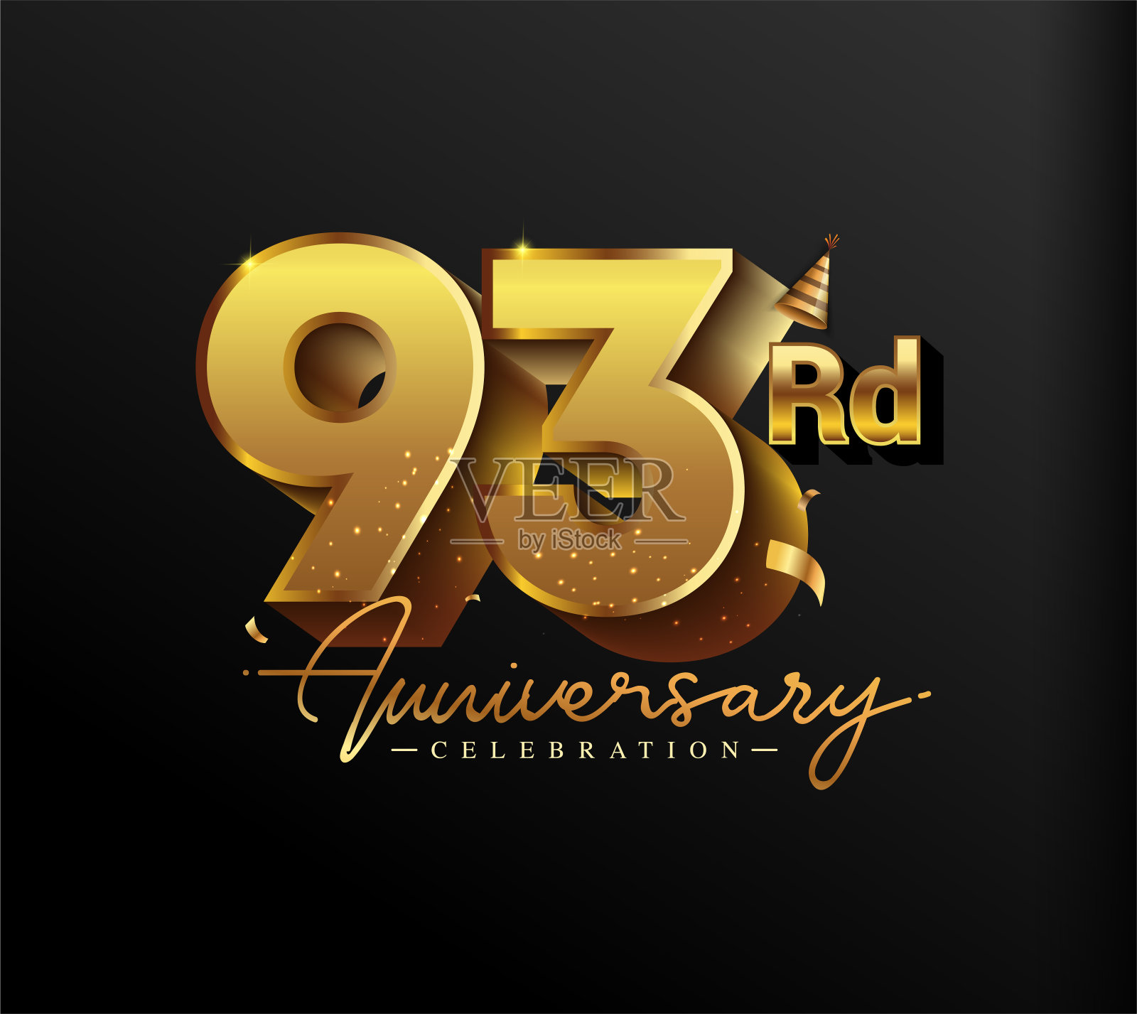 93周年纪念标志与金色五彩纸屑隔离在黑色背景，矢量设计的贺卡和邀请卡插画图片素材