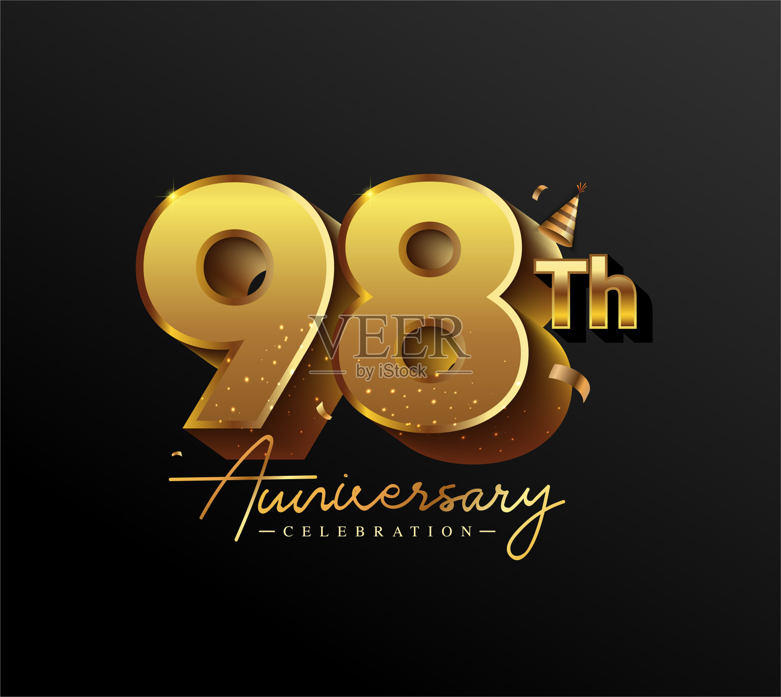 98周年纪念标志与金色五彩纸屑隔离在黑色背景，矢量设计的贺卡和邀请卡插画图片素材