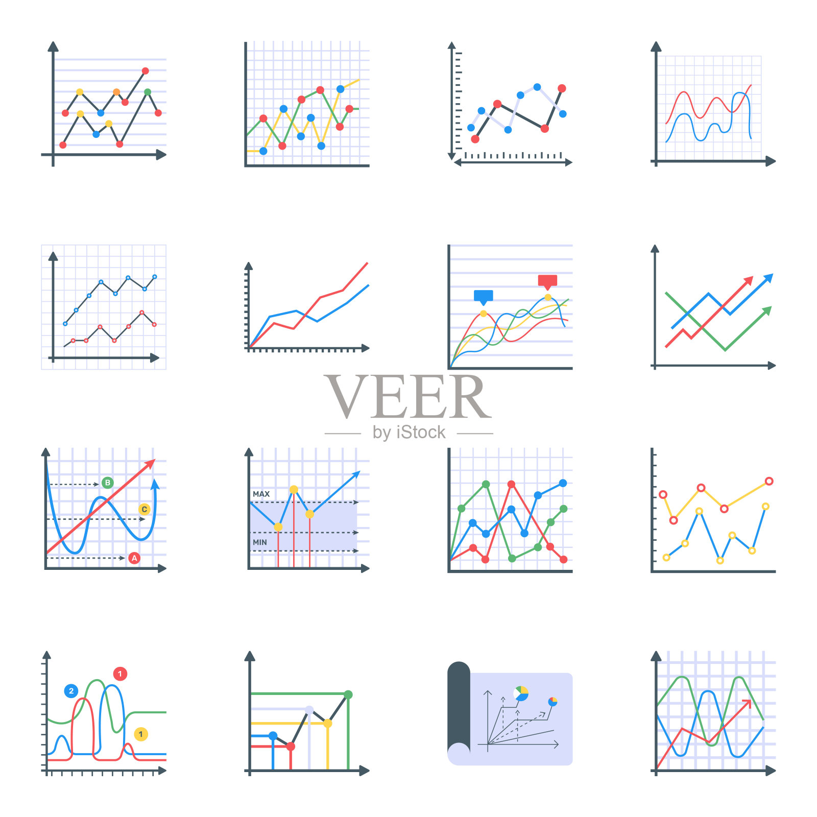 现代的一套折线图表平面图标插画图片素材