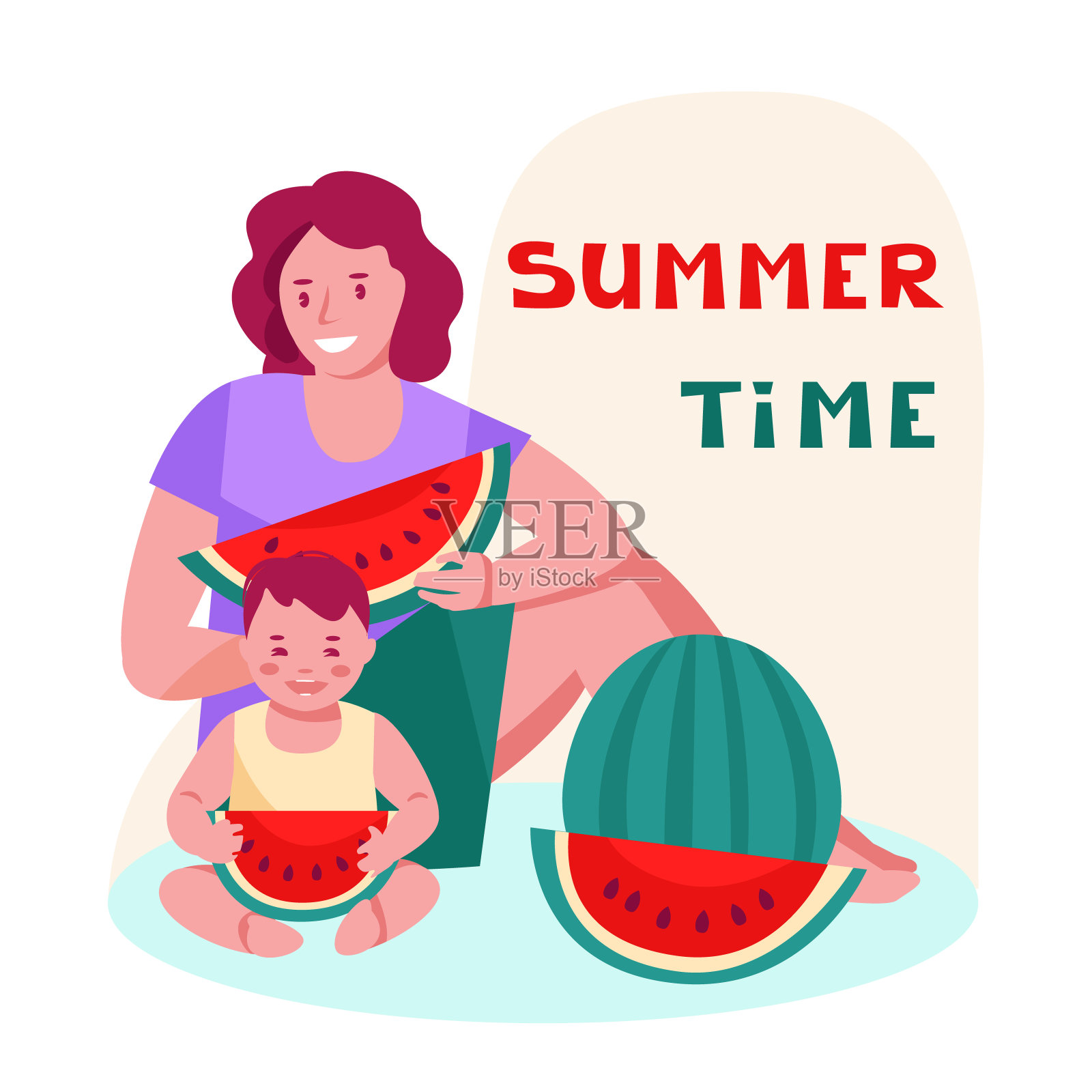 夏天的时间。妈妈和男孩在野餐时吃西瓜。家庭度假、消遣的概念。矢量插图在平面卡通风格。插画图片素材