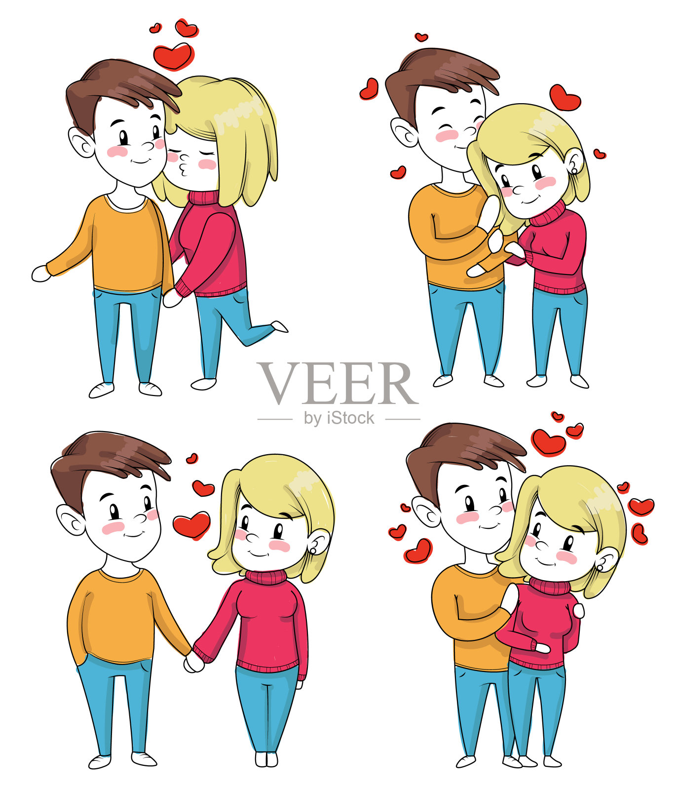 一对相爱的夫妇在卡通风格的拥抱和手牵手孤立在白色的背景。可爱的手绘情人节情侣。矢量图设计元素图片