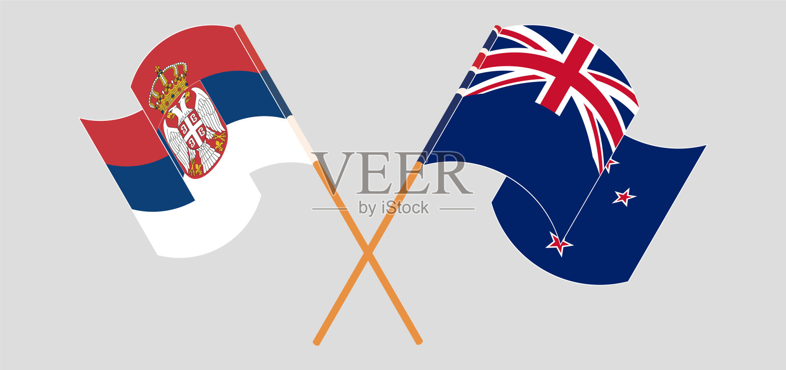 交叉并挥舞着塞尔维亚和新西兰的国旗设计元素图片