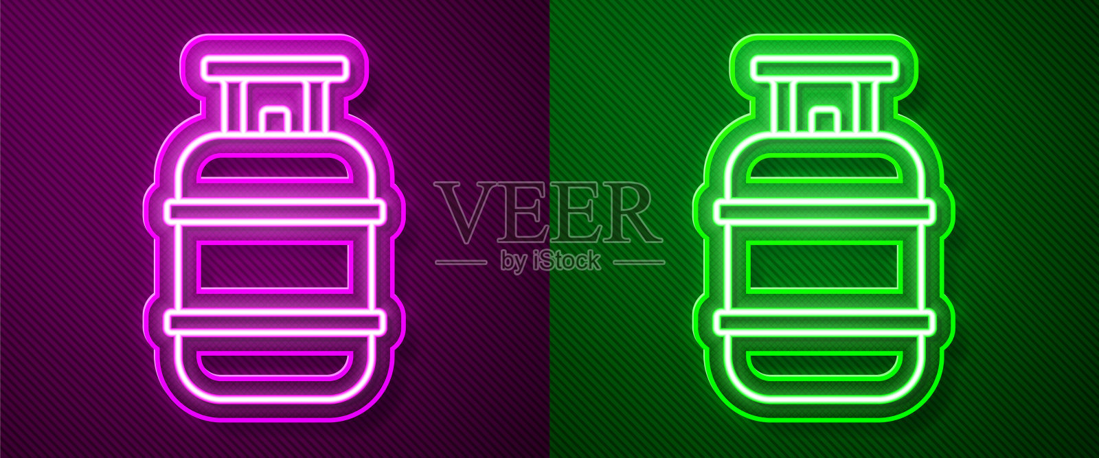 发光的霓虹灯线丙烷气罐图标隔离在紫色和绿色的背景。可燃油箱图标。向量插画图片素材