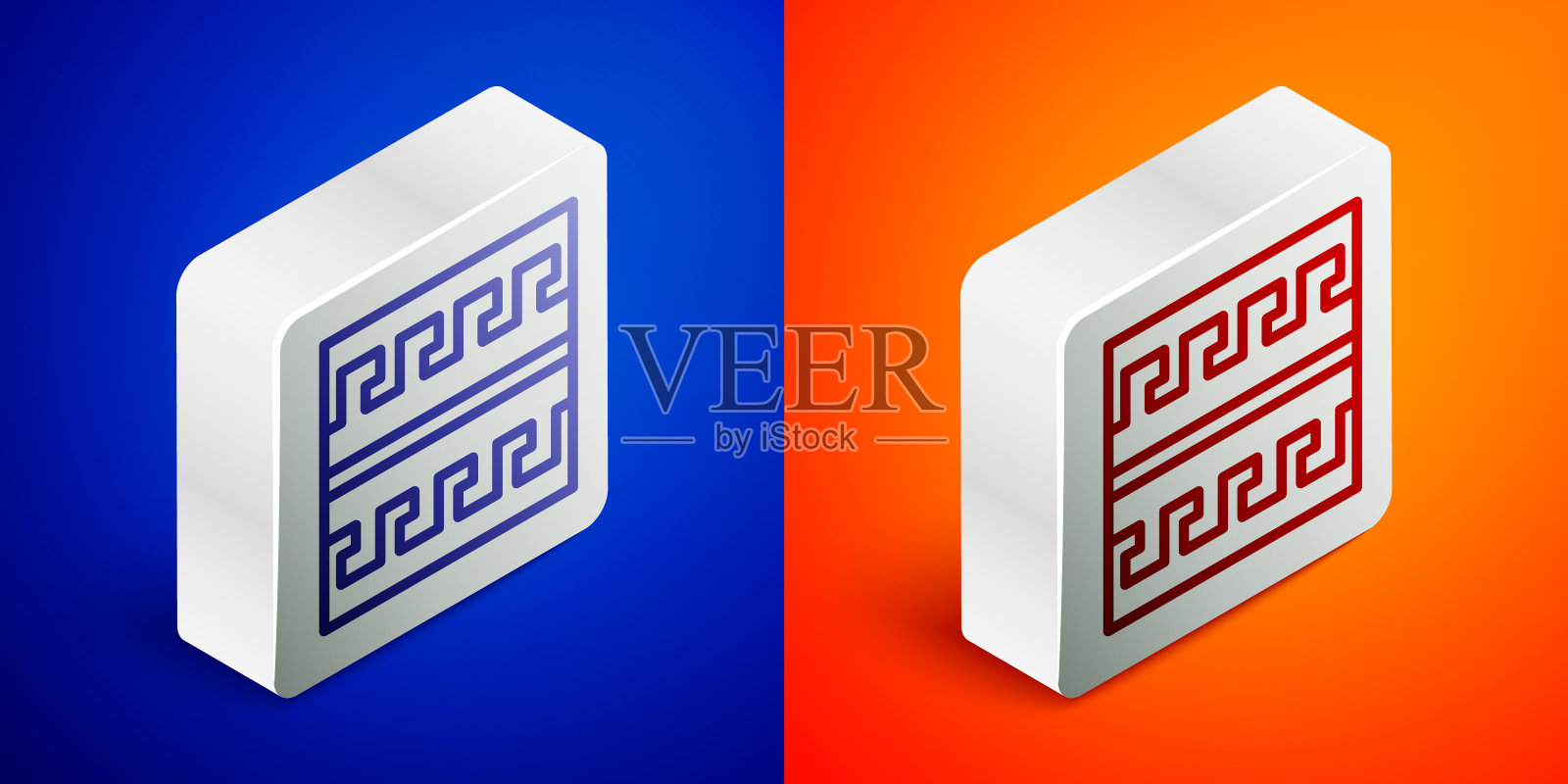 等距线古希腊图案图标孤立在蓝色和橙色的背景。银广场按钮。向量插画图片素材