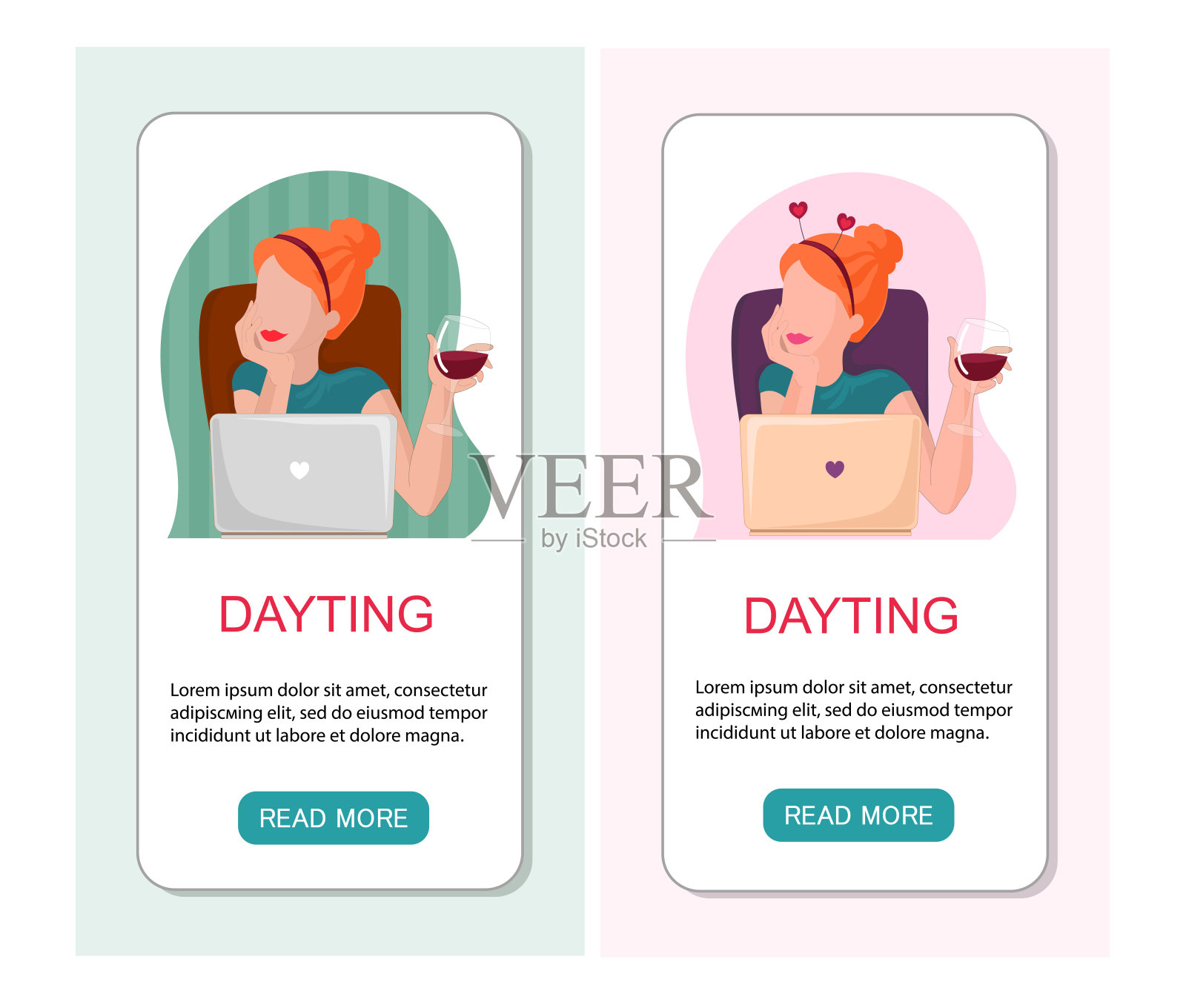 矢量应用登陆页或模板女性在线约会。过情人节，喝红酒，开虚拟会议。插画图片素材