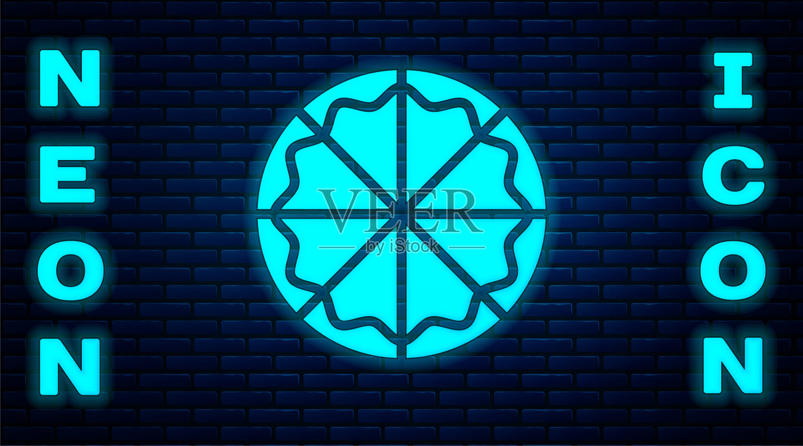 霓虹灯披萨图标孤立在砖墙背景上。快餐菜单。向量插画图片素材