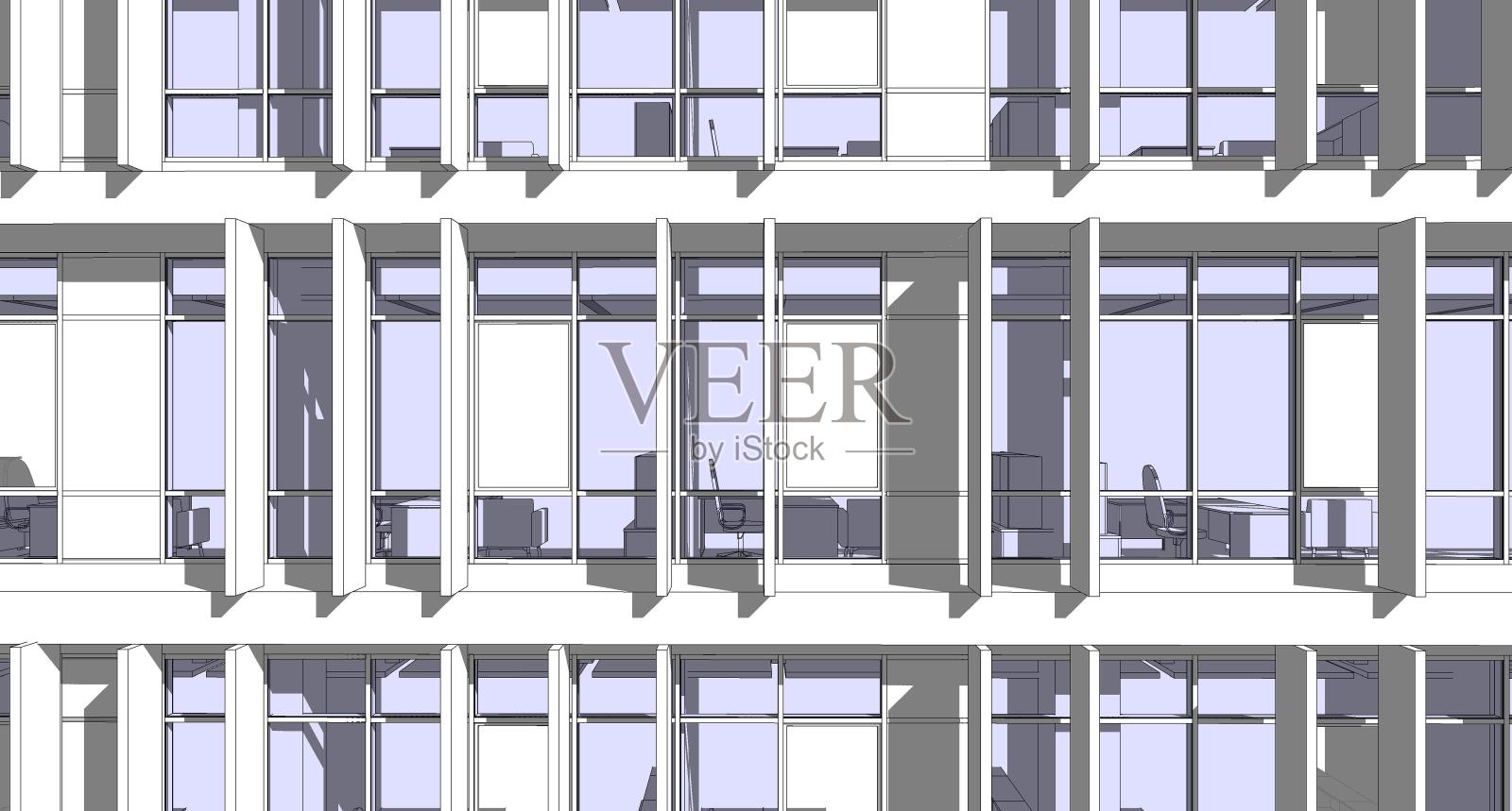 一个现代办公大楼的部分façade的3d插图与垂直太阳阴影。照片摄影图片
