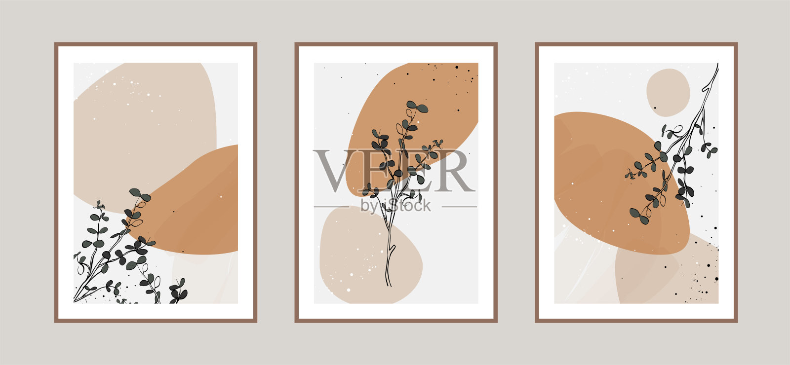 现代抽象叶线艺术背景与不同形状的墙壁装饰，明信片或小册子封面设计。矢量插图设计插画图片素材