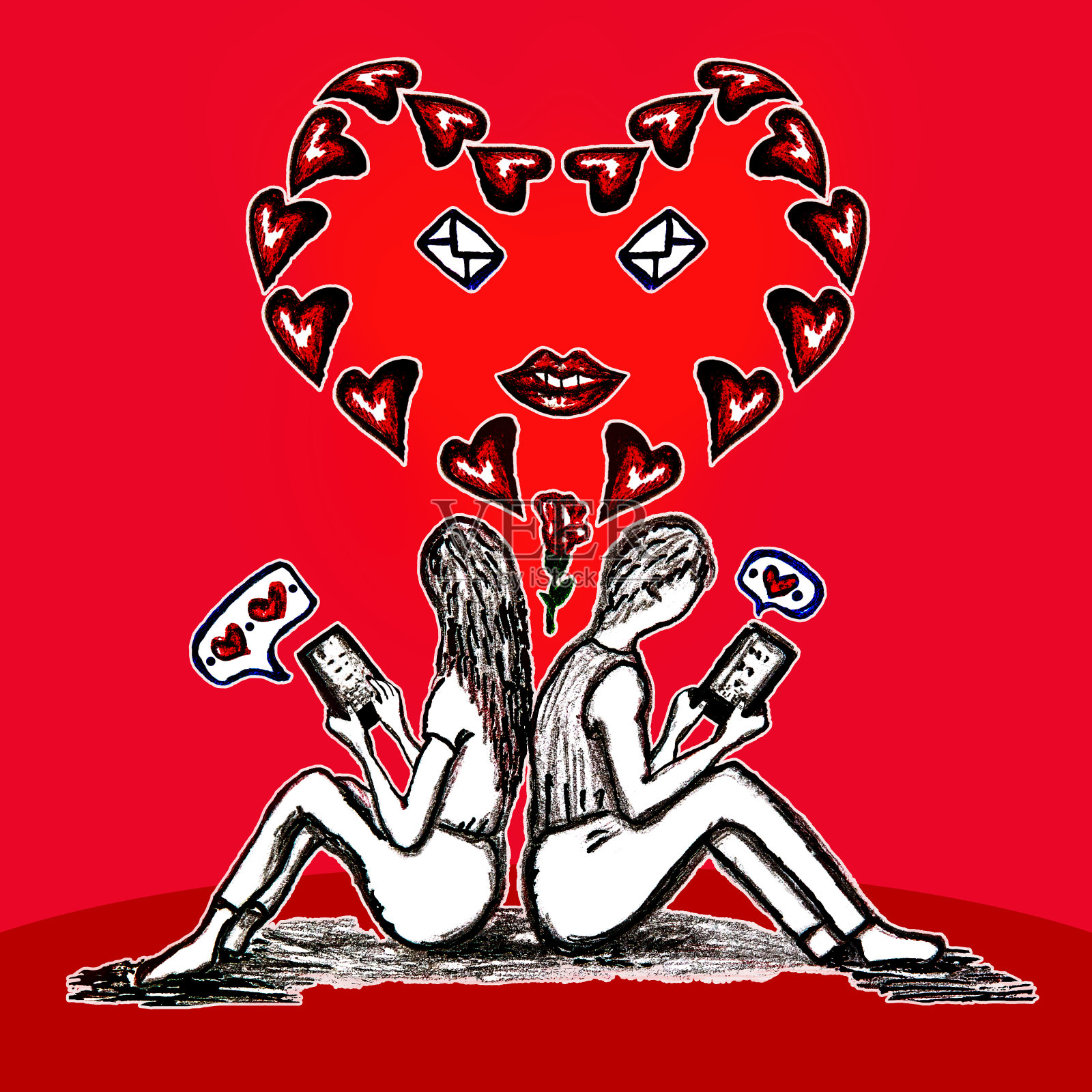 在红色背景上手绘虚拟爱情。一个女孩和一个男孩背靠背坐着，在智能手机上写短信。插画图片素材