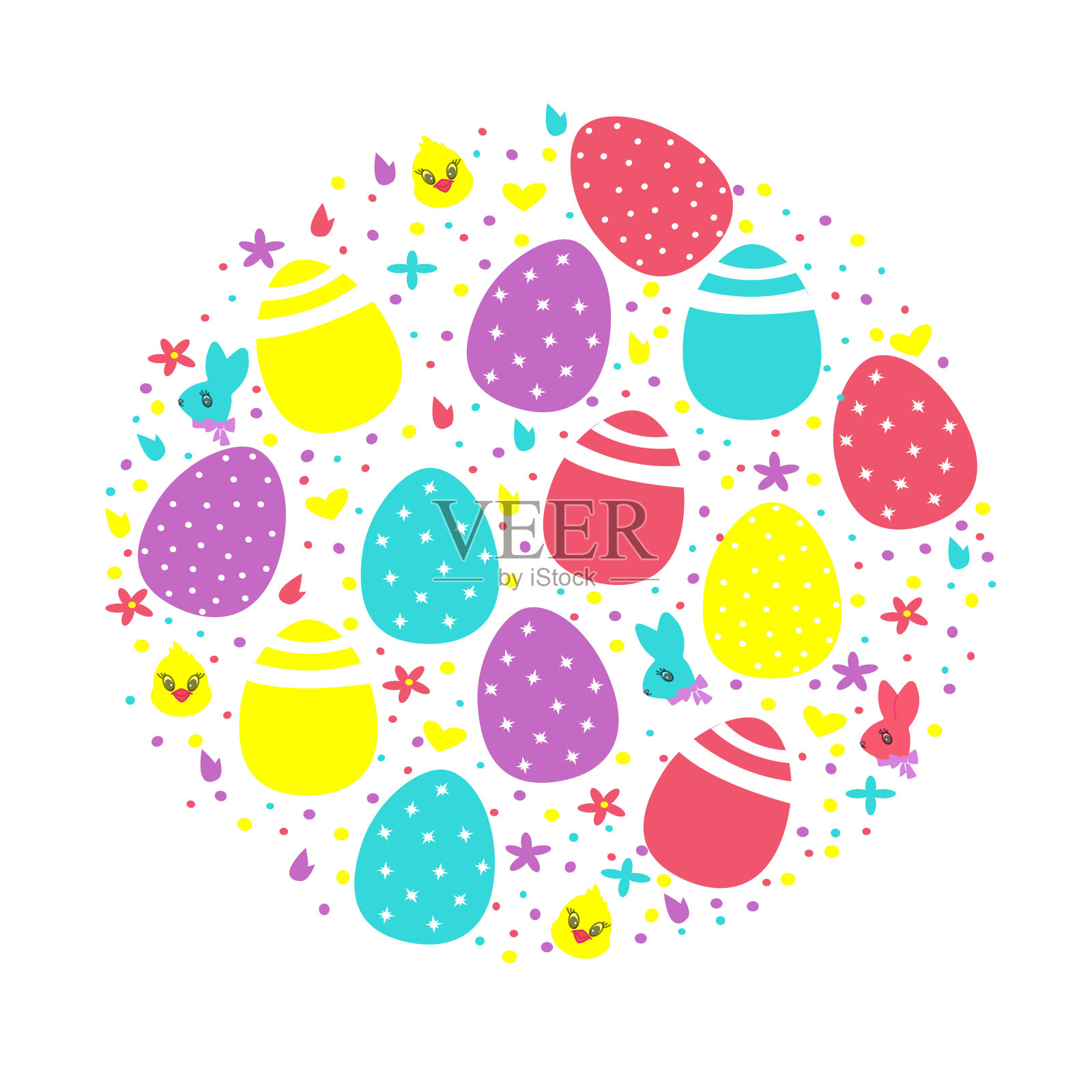 矢量插图复活节快乐邀请模板，贺卡。旗帜呈圆形。插画图片素材