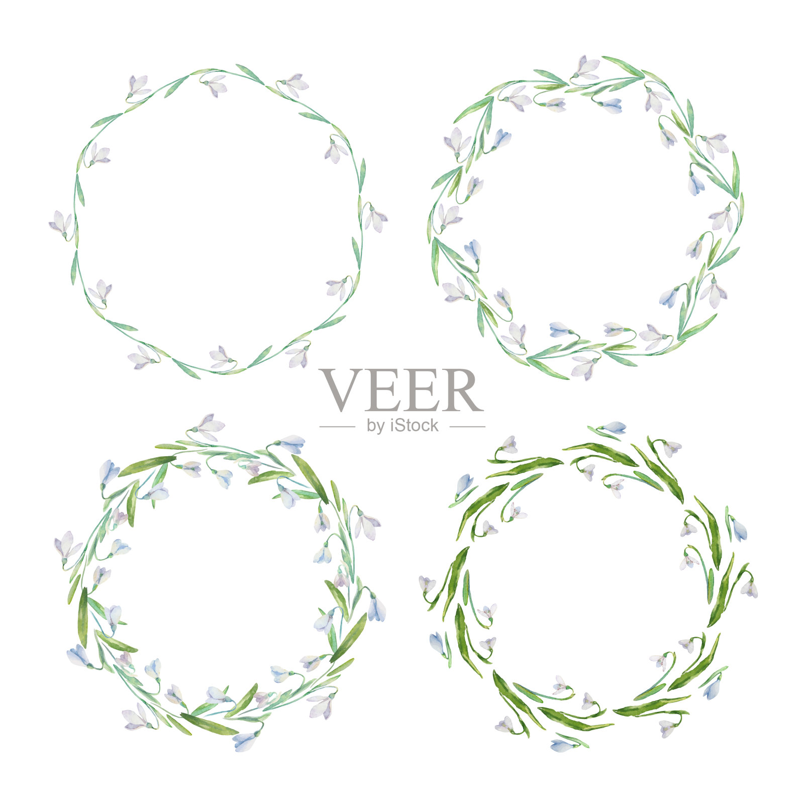 花卉水彩框架收集与春天的花。一套可爱的复古雪花莲安排在圆形的欢迎，婚礼请柬插画图片素材