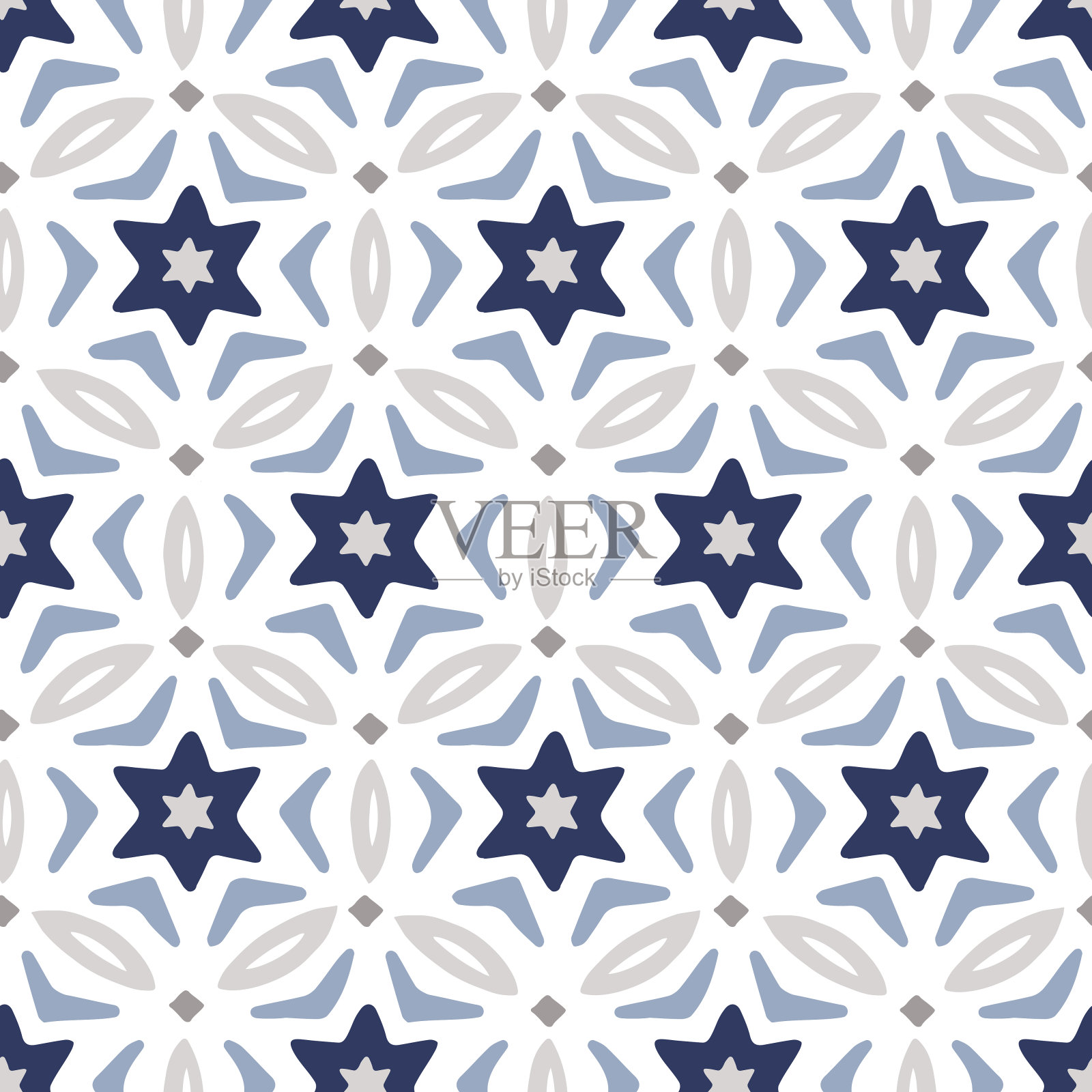 手绘星星形状的摩洛哥无缝图案斋月卡里姆贺卡，伊斯兰背景，织物，网络横幅。蓝色葡萄牙阿苏莱荷斯瓷砖设计。装饰矢量插图插画图片素材
