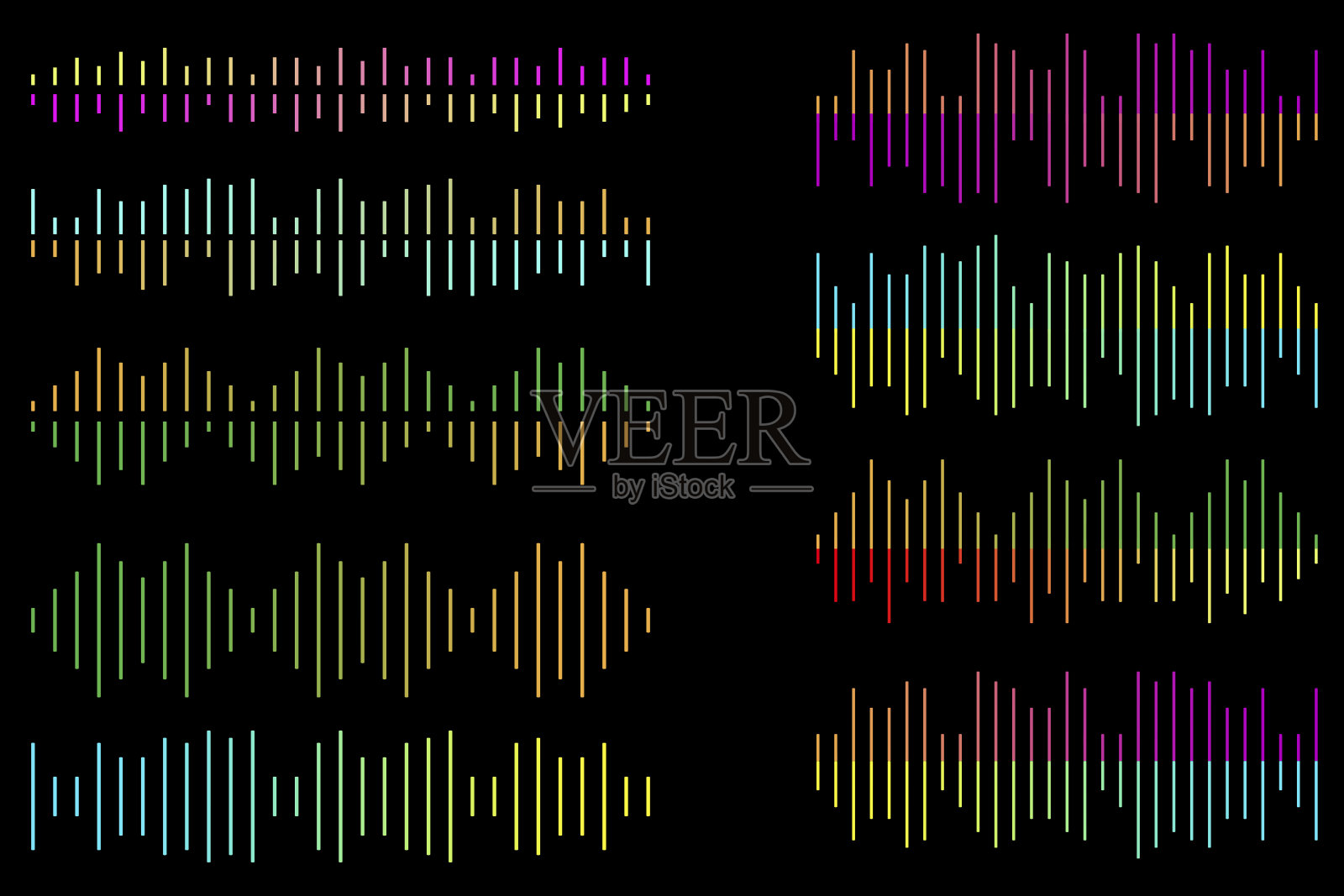 彩色声波集。黑色背景上的声音符号。摘要波背景。股票的形象。每股收益10。插画图片素材