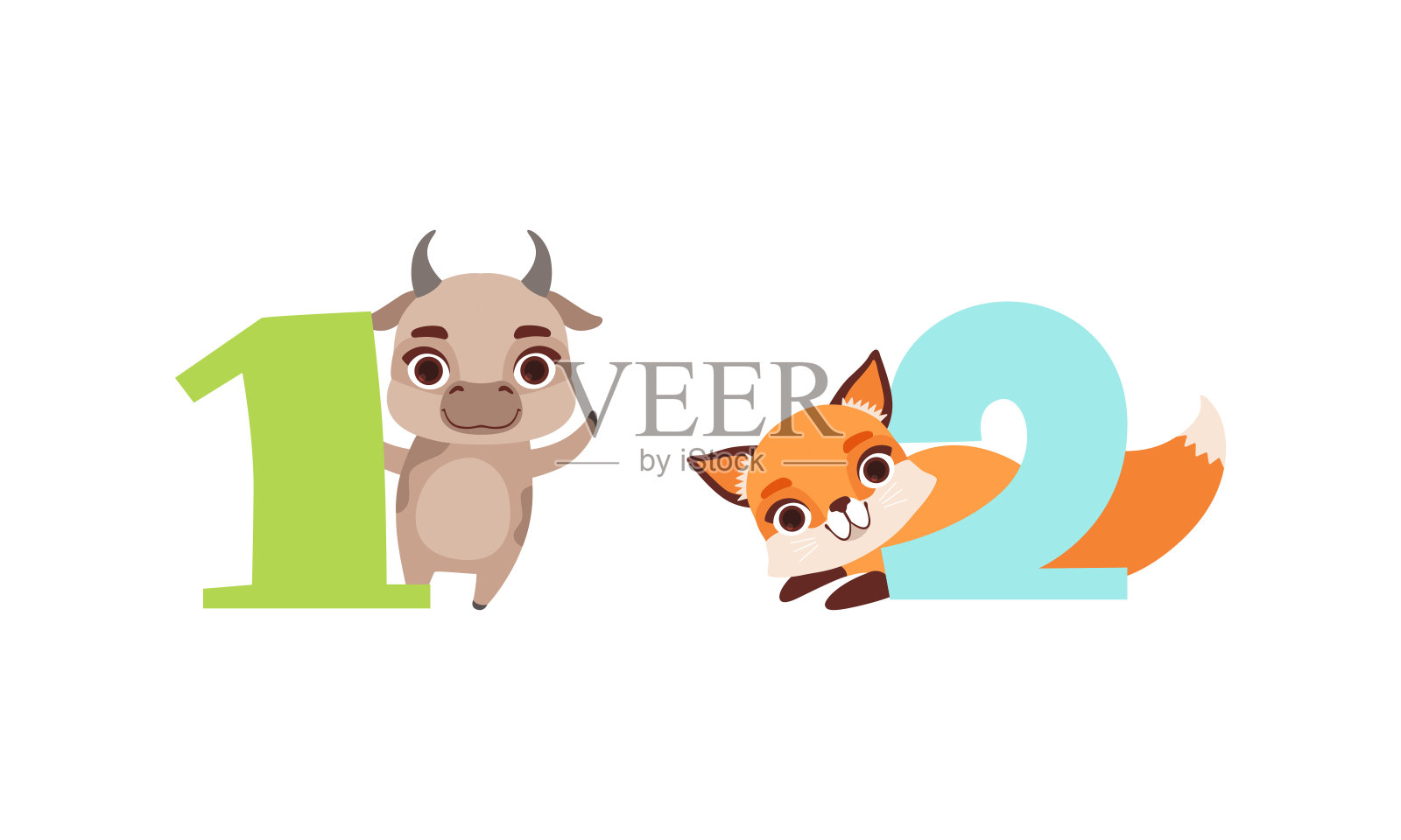 一和两个数字与可爱，生日纪念日数字与有趣的小牛和狐狸动物卡通矢量插图插画图片素材