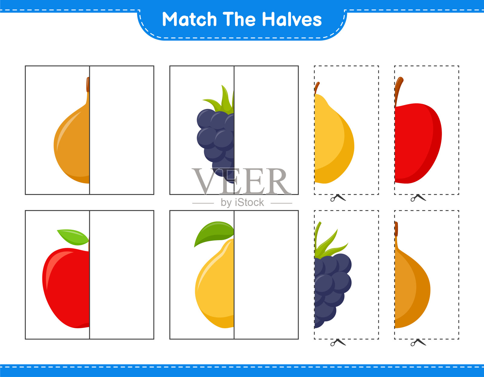 匹配的部分。配对水果。教育儿童游戏，可打印的工作表，矢量插图插画图片素材