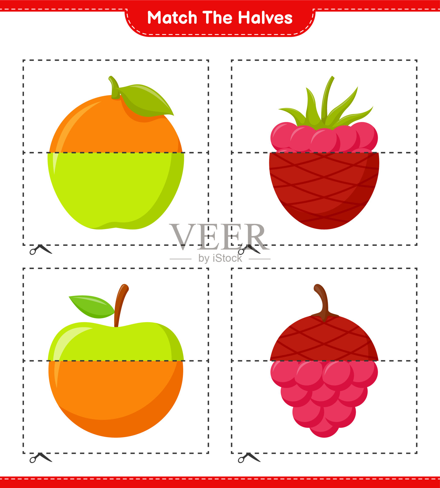 匹配的部分。配对水果。教育儿童游戏，可打印的工作表，矢量插图插画图片素材