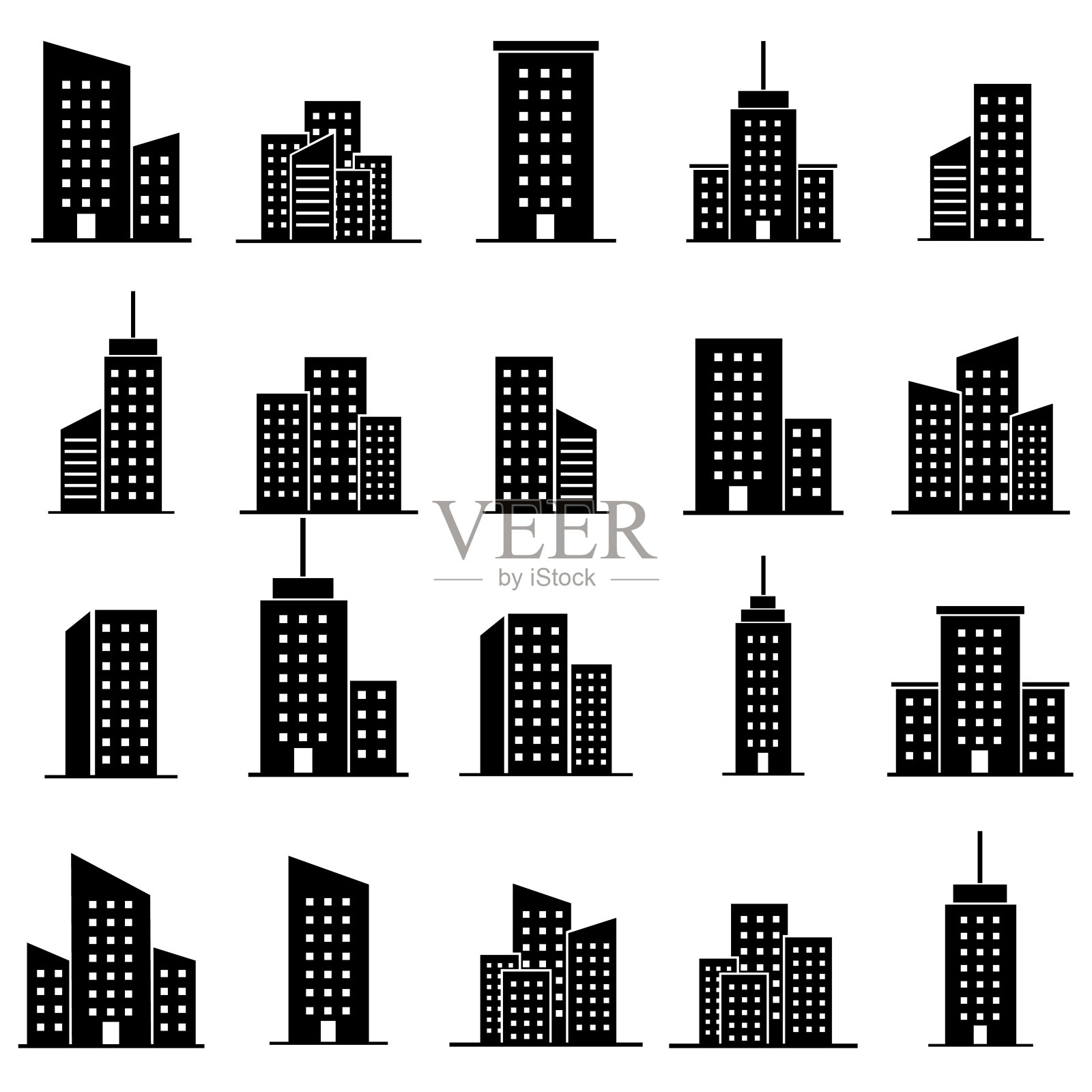 摩天大楼设置图标，标志孤立在白色背景图标素材