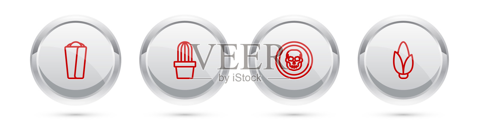 设置线玉米卷，仙人掌或多汁锅，墨西哥头骨硬币和玉米。银圈按钮。向量插画图片素材