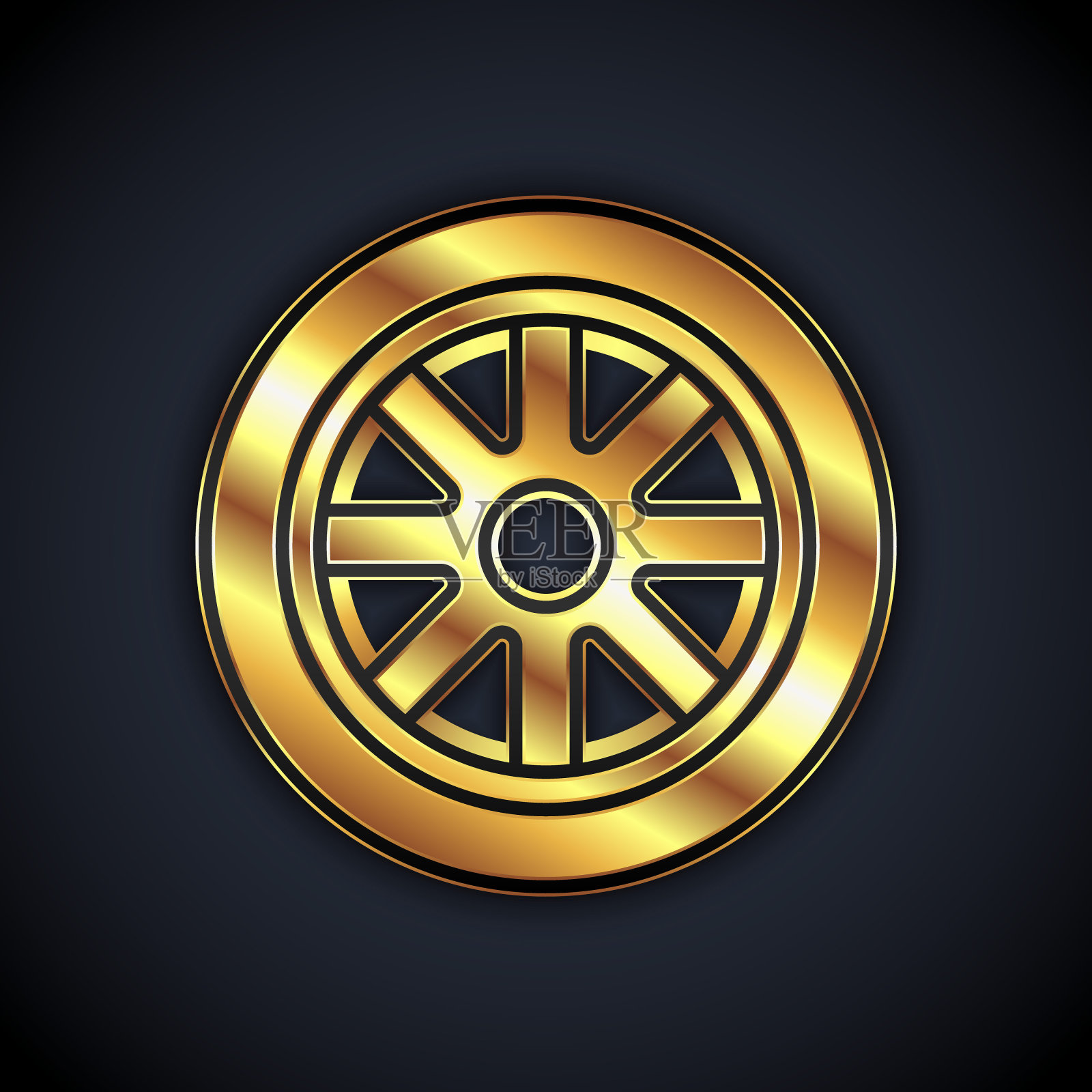 金色汽车车轮图标孤立在黑色背景。向量插画图片素材