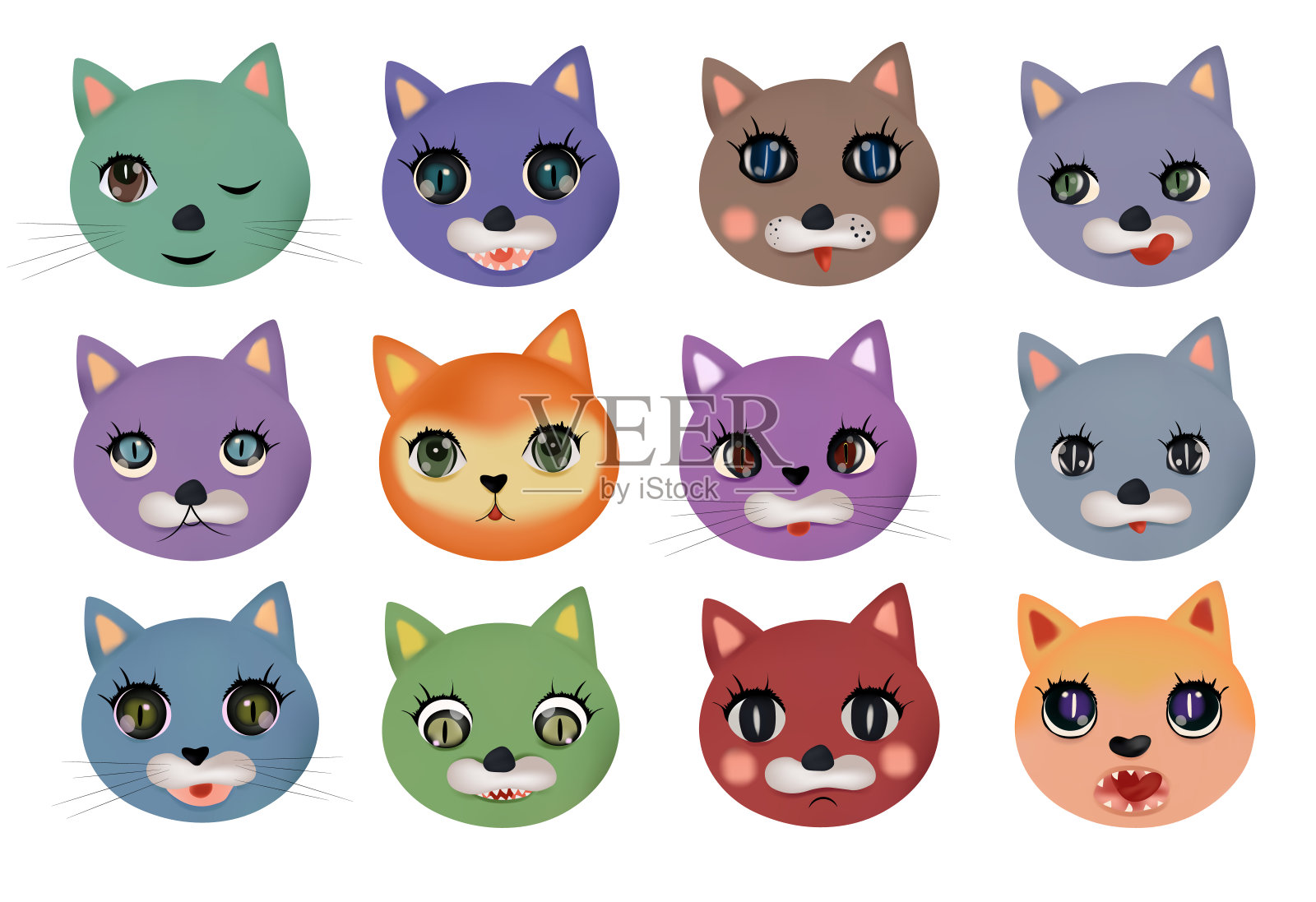 有趣可爱的猫面对不同的情绪。五颜六色的猫快乐、悲伤、疯狂、欢快。猫的角色。矢量插图。插画图片素材