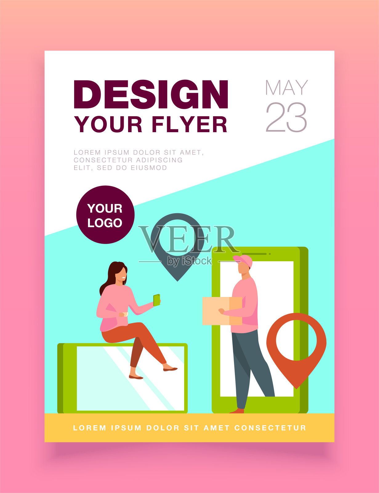 小女人通过智能手机在网上订购包裹设计模板素材