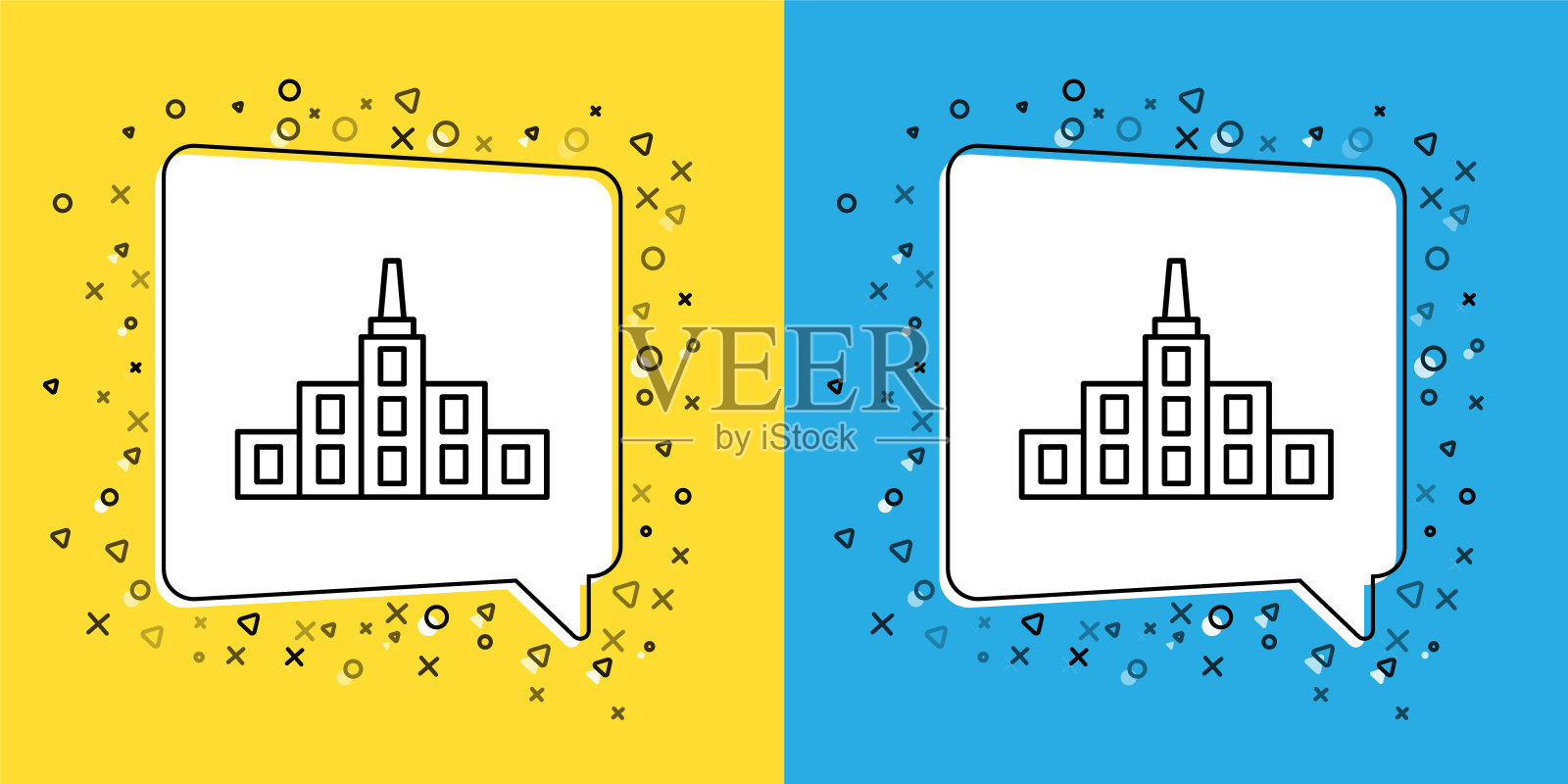 设置线城市景观图标孤立在黄色和蓝色的背景。都市建筑全景景观。向量插画图片素材