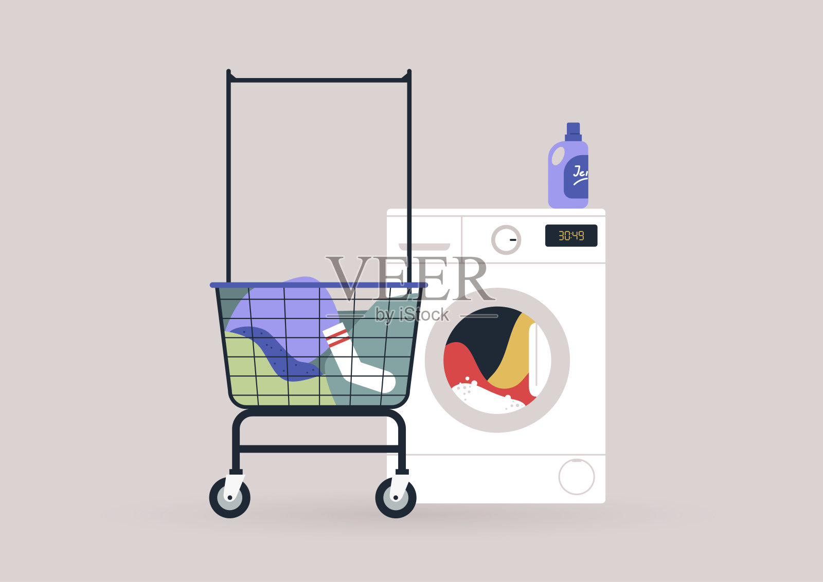 家庭杂务概念，硬币自助洗衣店场景:一辆装满五颜六色衣服的推车和一台洗衣机插画图片素材