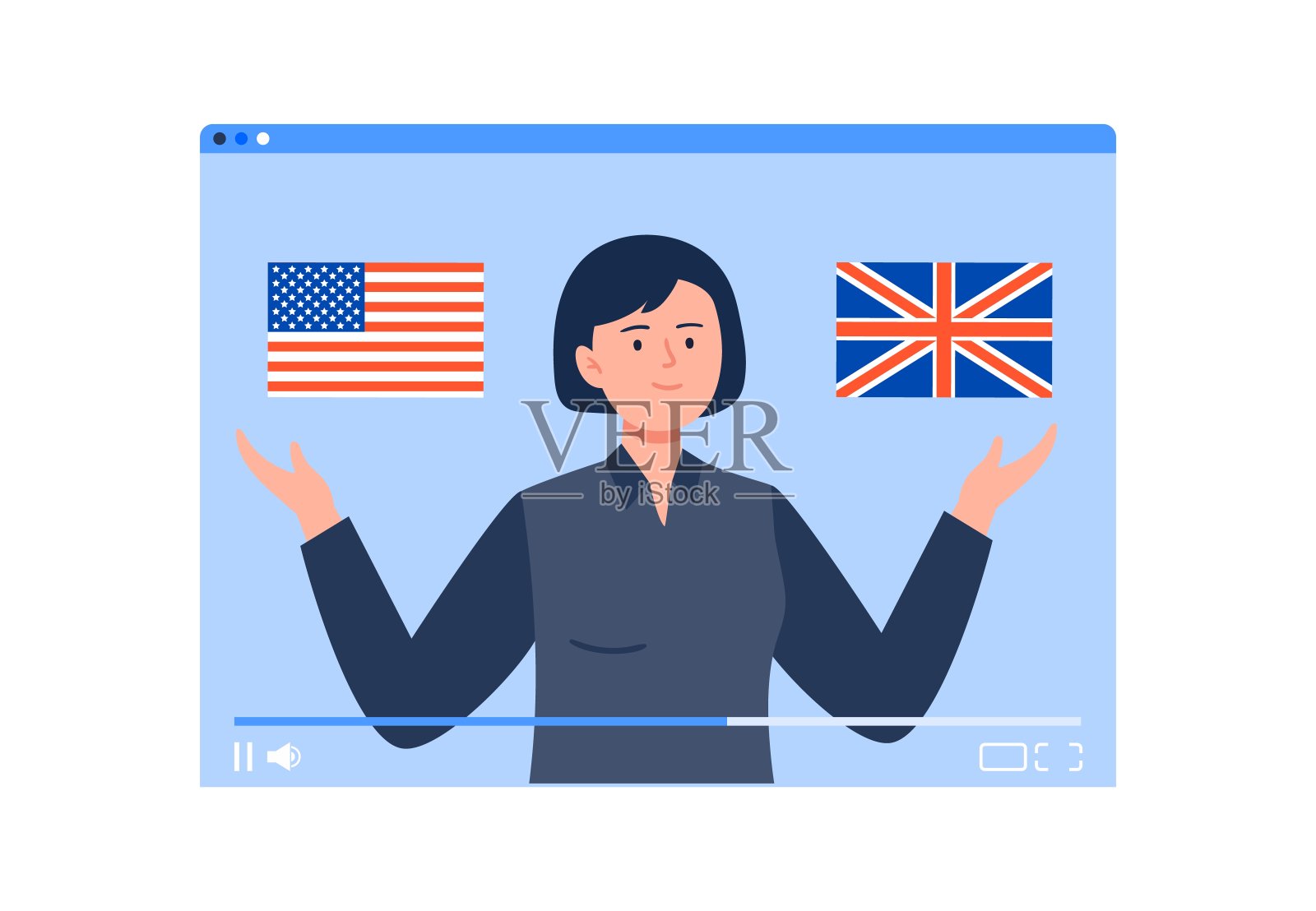 在线语言学习。来自专业人士和博客的视频教程。在线教育，在线学习，在家学习。矢量平面插图。插画图片素材