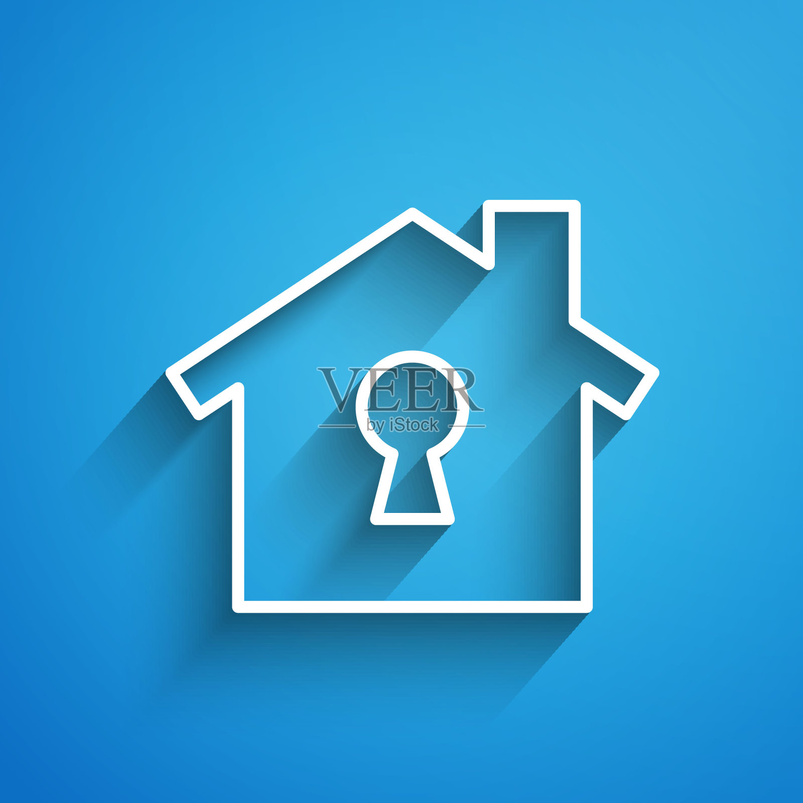 白色线下的保护图标隔离在蓝色背景。家和盾牌。保护、安全、保障、保护、防御的理念。长长的阴影。向量插画图片素材