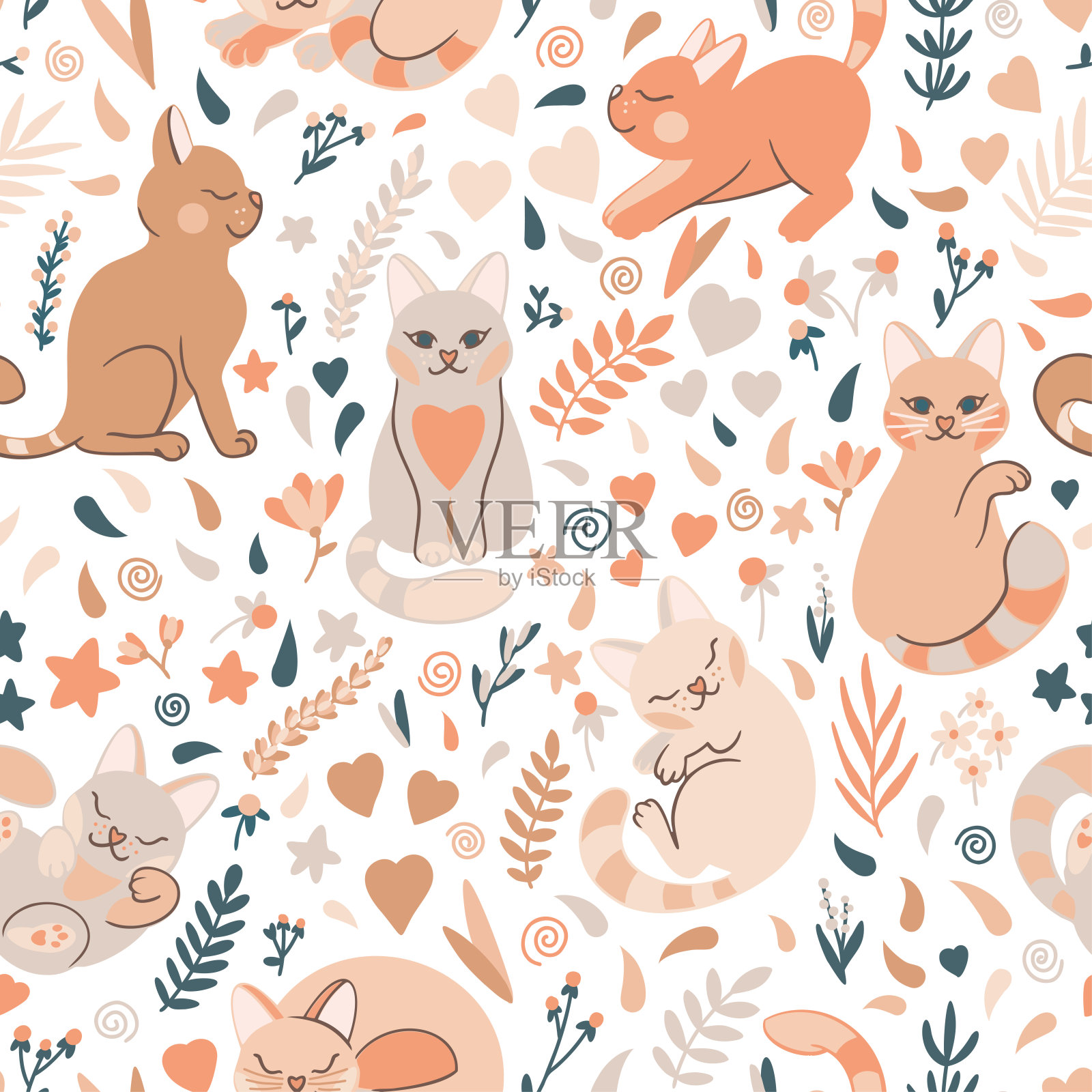 无缝图案的可爱的猫在不同的姿势。有趣的涂鸦猫孤立在白色的背景。鲜花、心形和星星。平面卡通矢量插图。插画图片素材