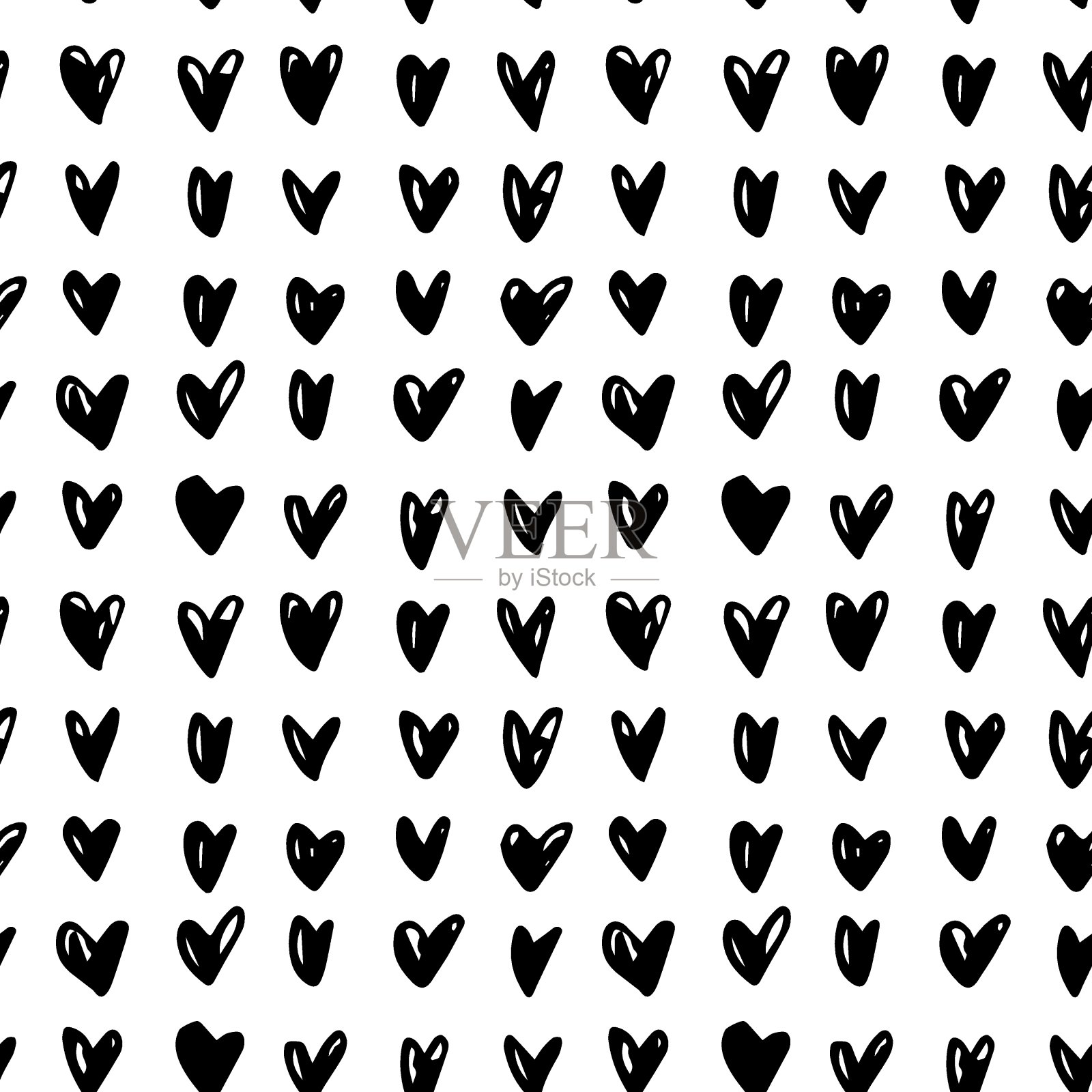 手绘现代涂鸦无缝模式。白色背景上的黑色脏心插画图片素材