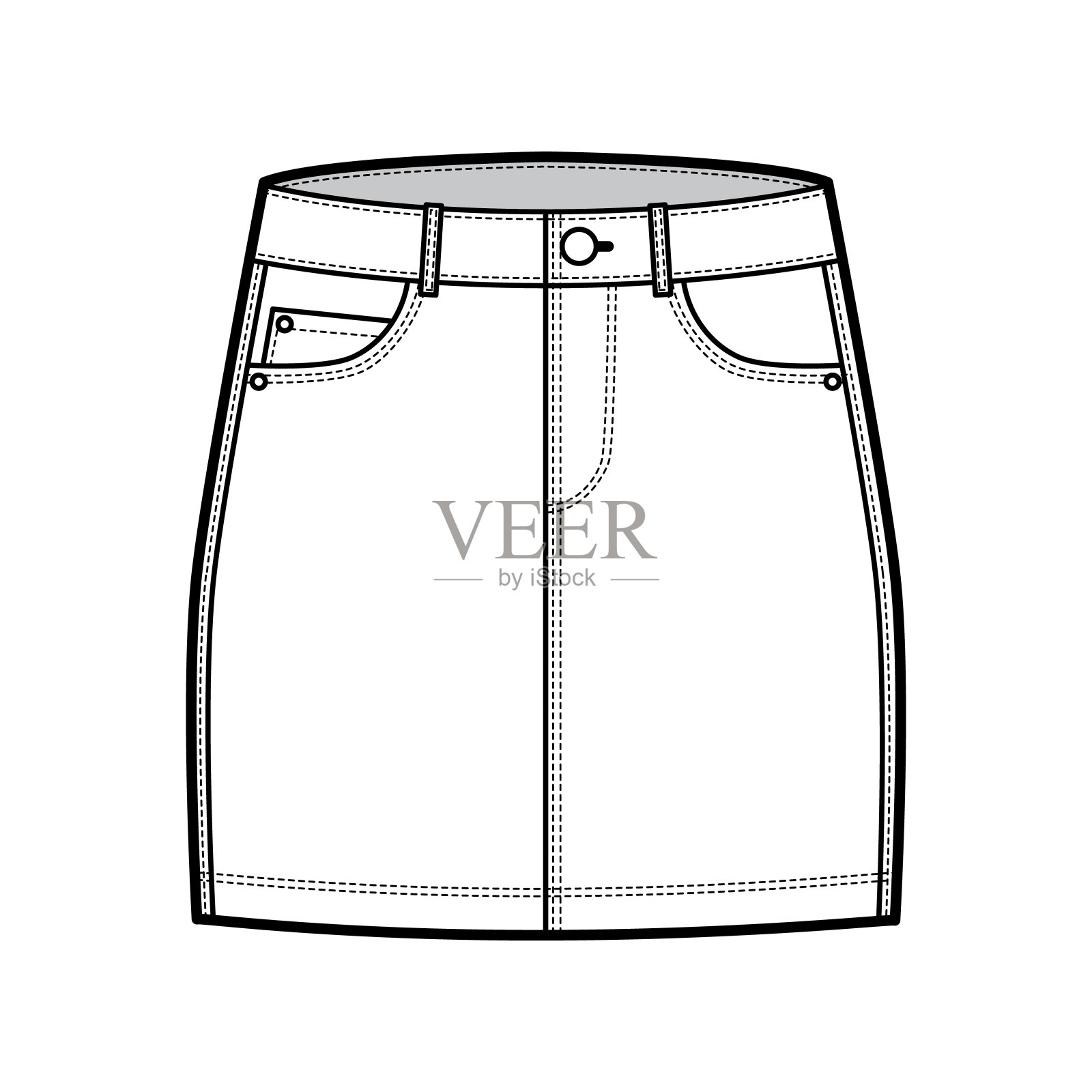 牛仔裙技术时尚插图与超短裙，低腰上升，弯曲和角度口袋。平底插画图片素材