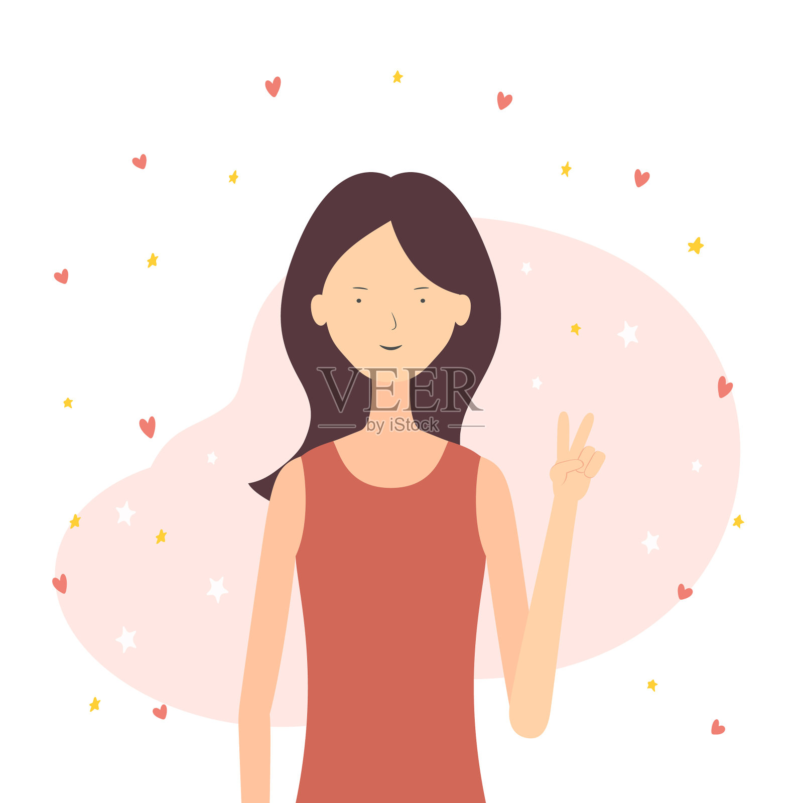 粉色背景上的心形和星星女孩插画图片素材