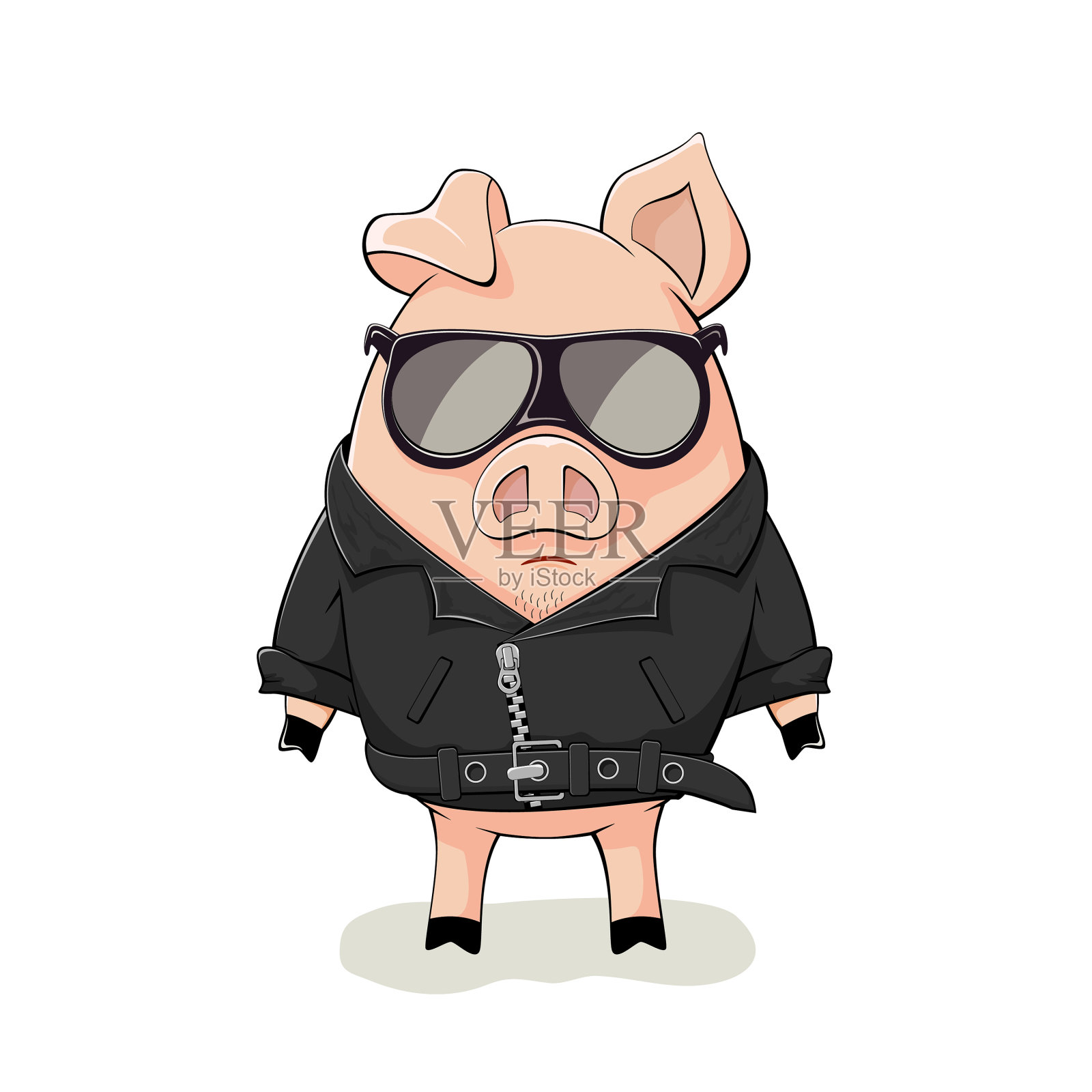穿着黑色皮夹克的小猪插画图片素材