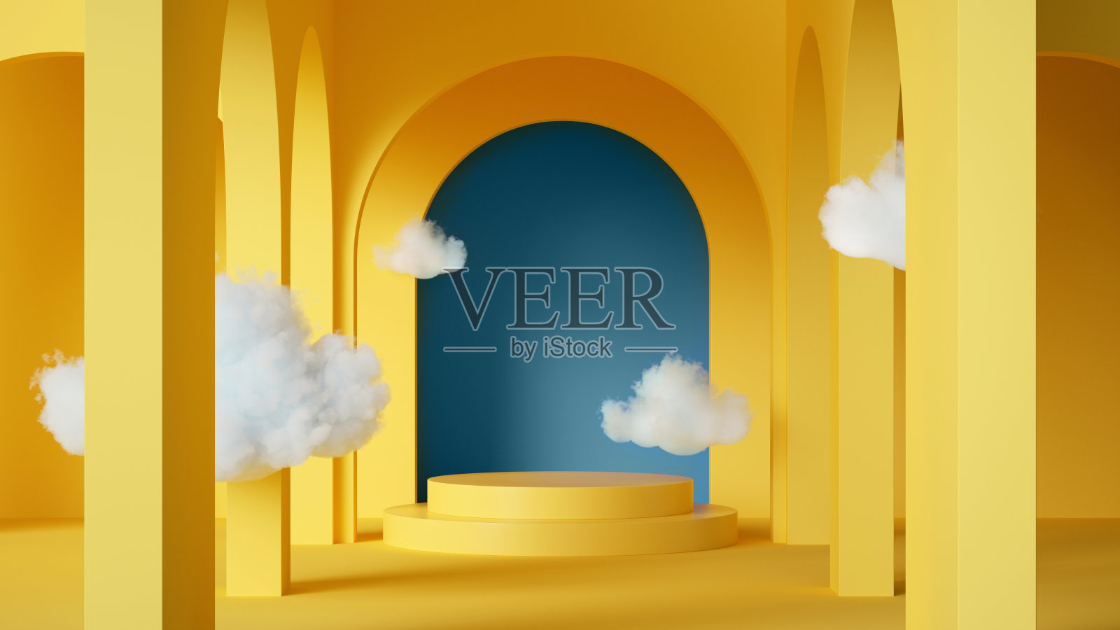 3d渲染，抽象背景与云彩在黄色房间内飞行与蓝色拱门。简单的几何展示场景与空圆柱体平台的产品展示照片摄影图片