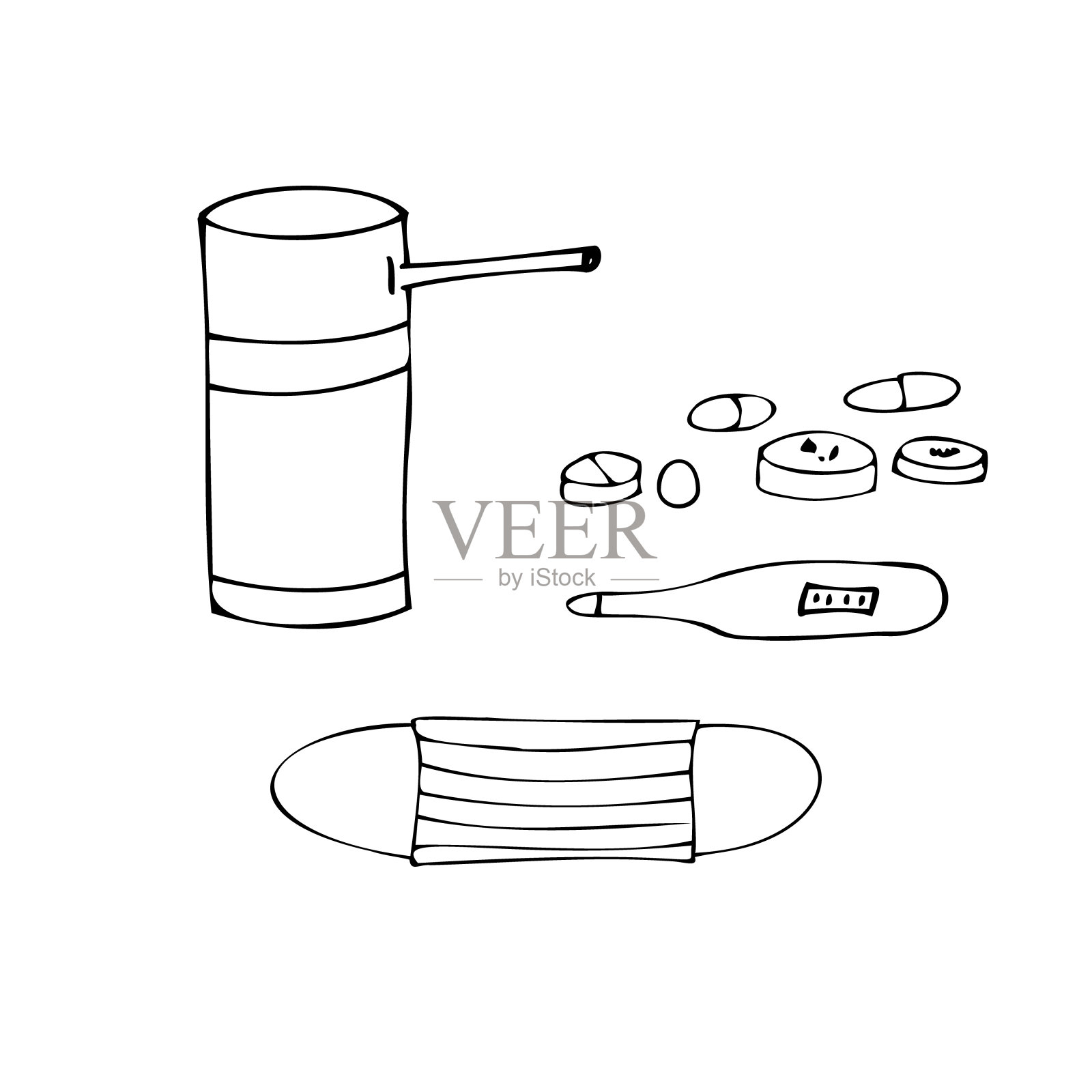 用于治疗和预防疾病:喉部喷雾剂、丸胶囊、医用口罩、体温计。插画图片素材