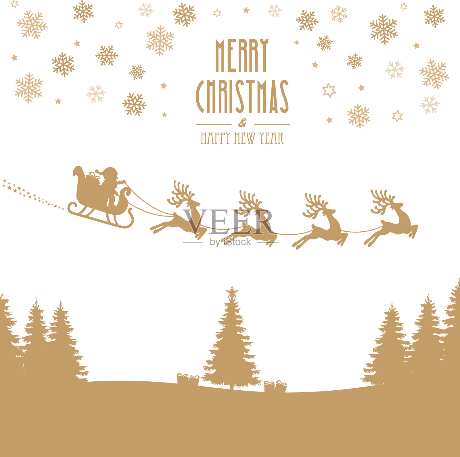 圣诞老人拉着驯鹿的金色剪影插画图片素材