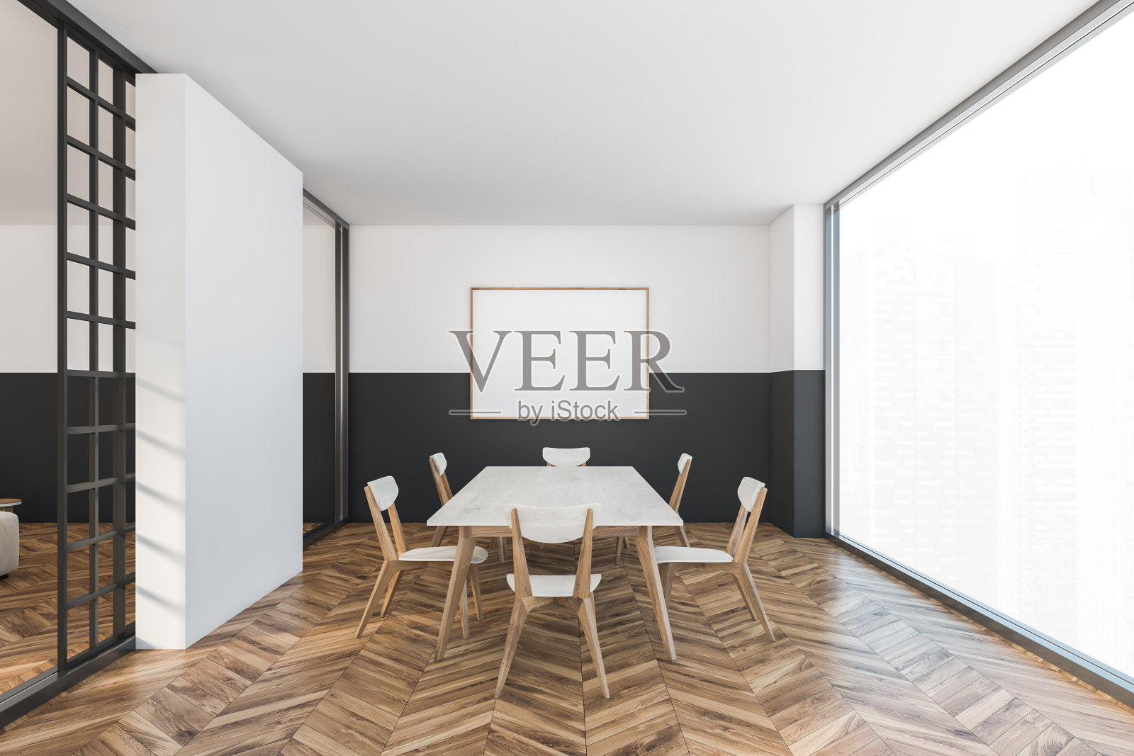 模型框架在白色和黑色餐厅与椅子和桌子照片摄影图片
