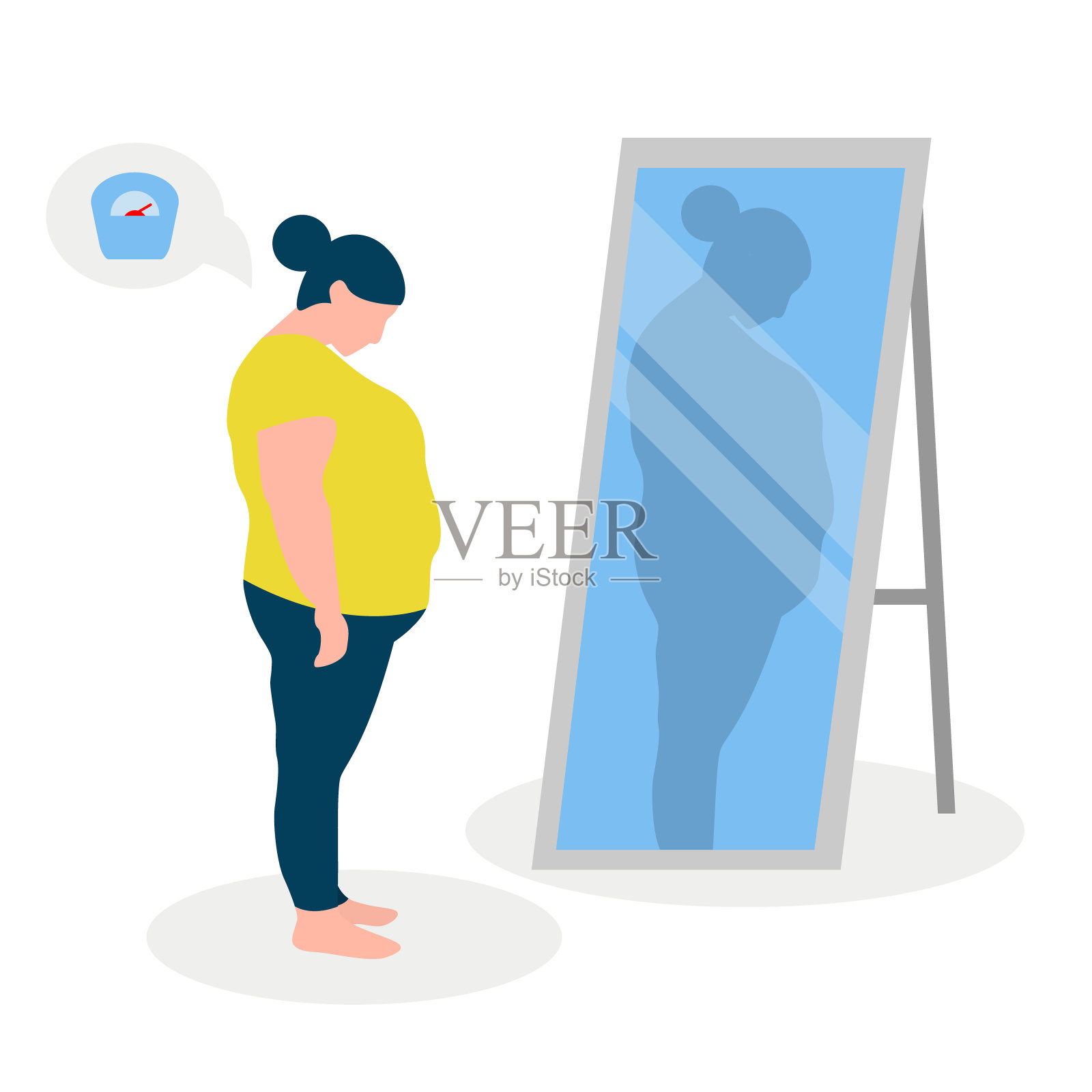 一个低自尊的胖女孩站在镜子前的平面矢量插图。女孩看着自己扭曲的倒影。插画图片素材