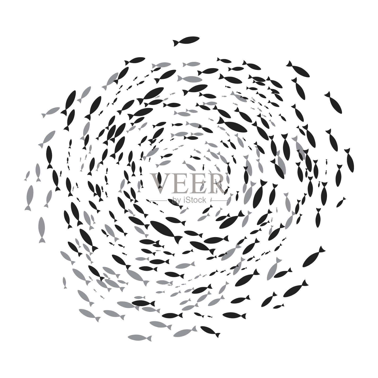 鱼的轮廓学校与海洋生物的各种大小的游泳鱼在圆形平面风格设计矢量插图。插画图片素材