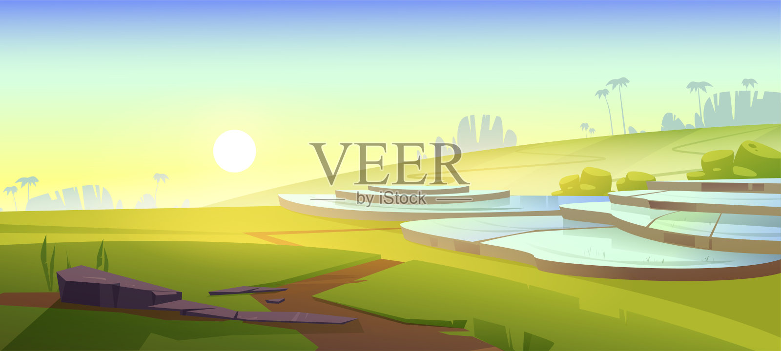 亚洲山区梯田景观插画图片素材