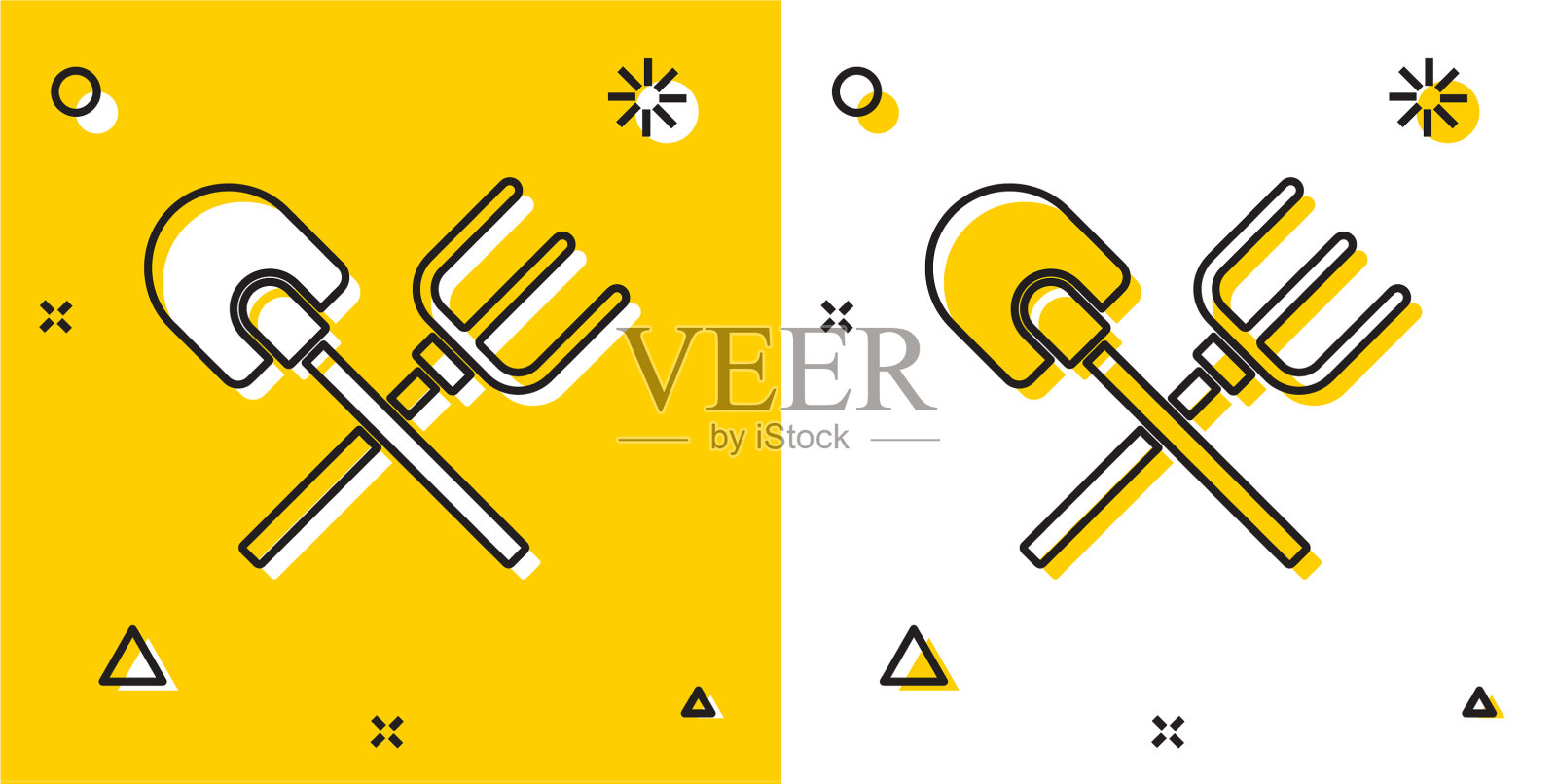 黑色铲子和耙图标孤立在黄色和插画图片素材