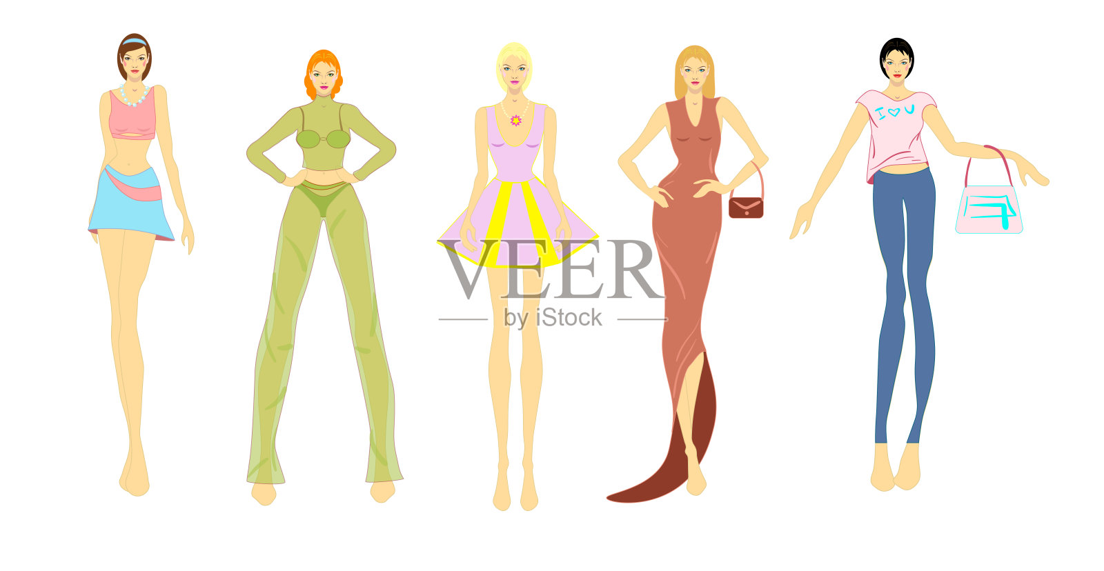 矢量时尚插画组的模特妇女，穿着时髦的衣服。插画图片素材