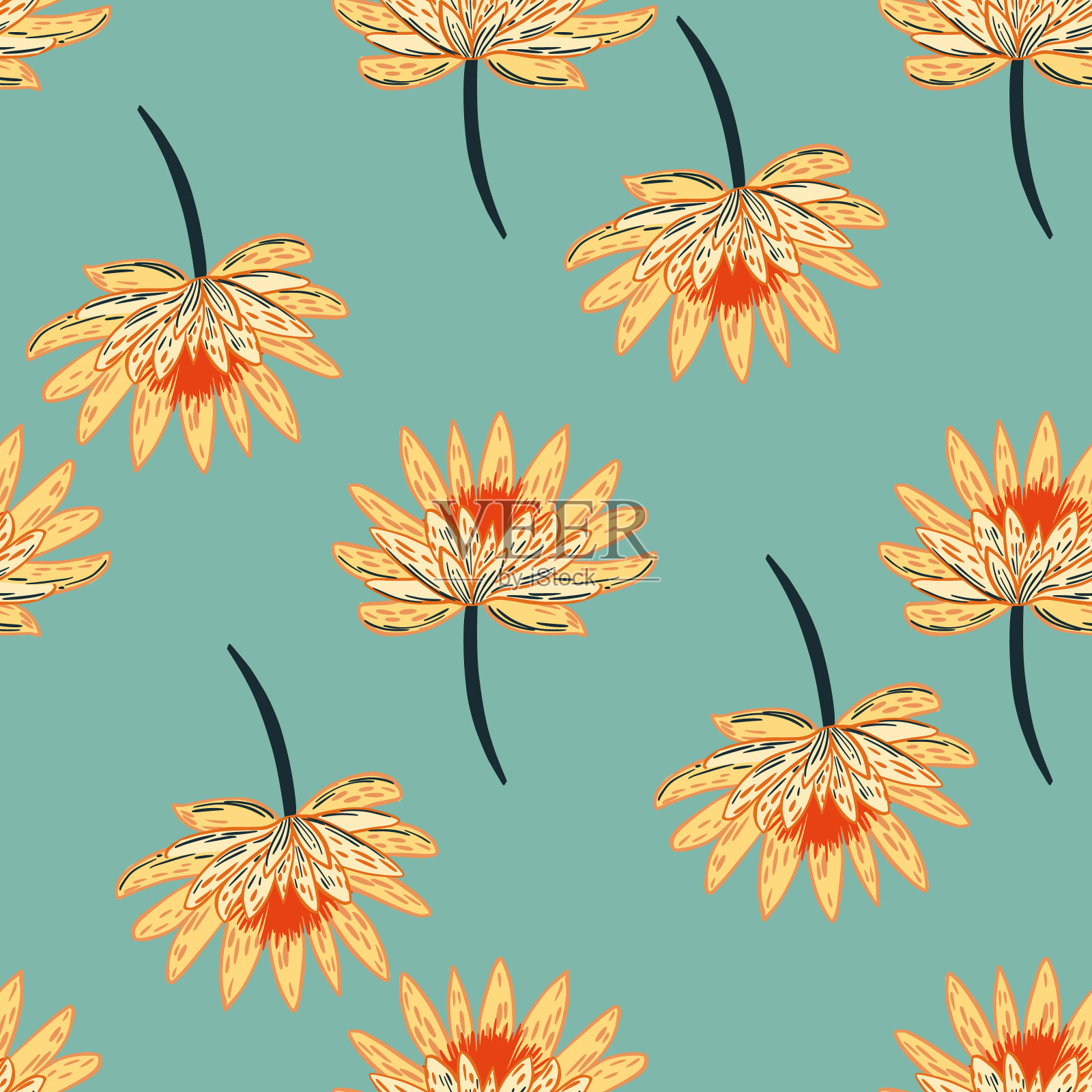 剪贴簿植物无缝模式与简单的橙色雏菊花元素。蓝色背景。涂鸦打印。插画图片素材